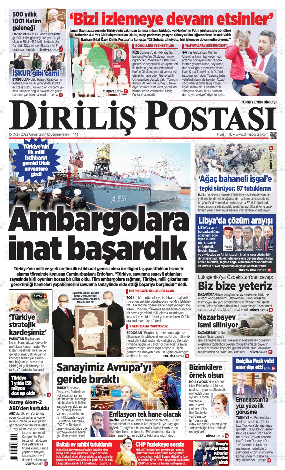 15 Ocak 2022 Diriliş Postası Gazete Manşeti