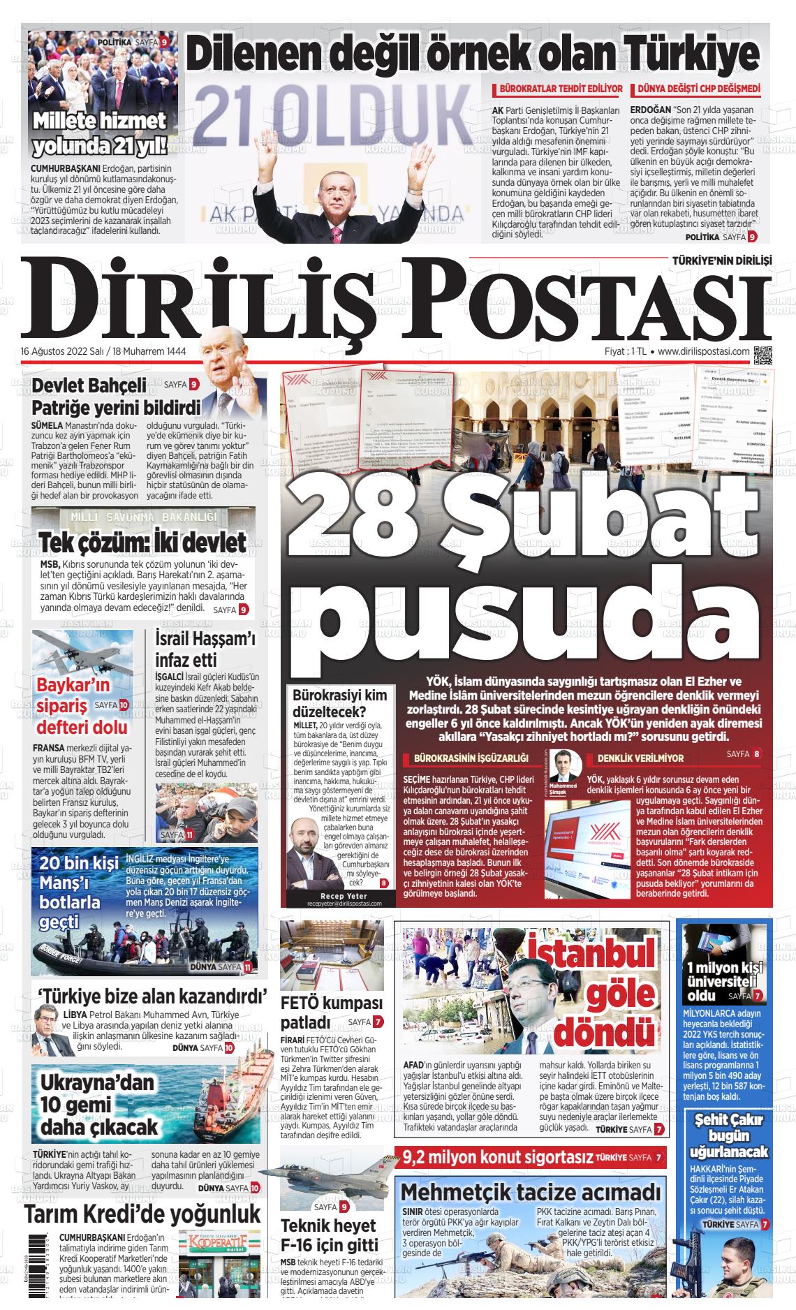16 Ağustos 2022 Diriliş Postası Gazete Manşeti