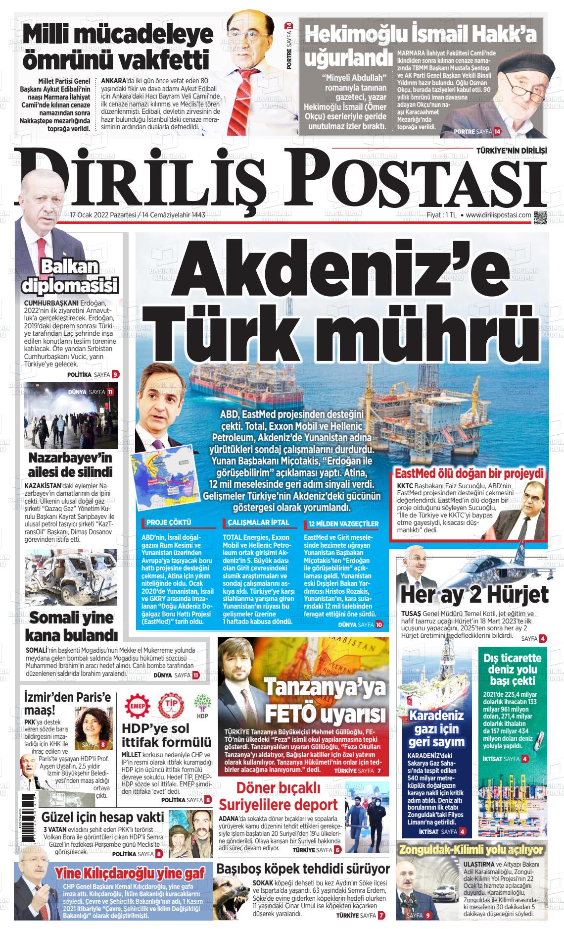 17 Ocak 2022 Diriliş Postası Gazete Manşeti