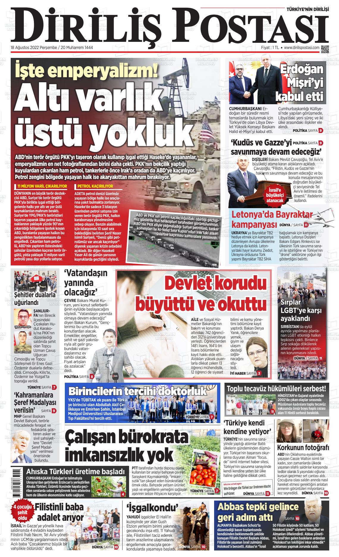 18 Ağustos 2022 Diriliş Postası Gazete Manşeti