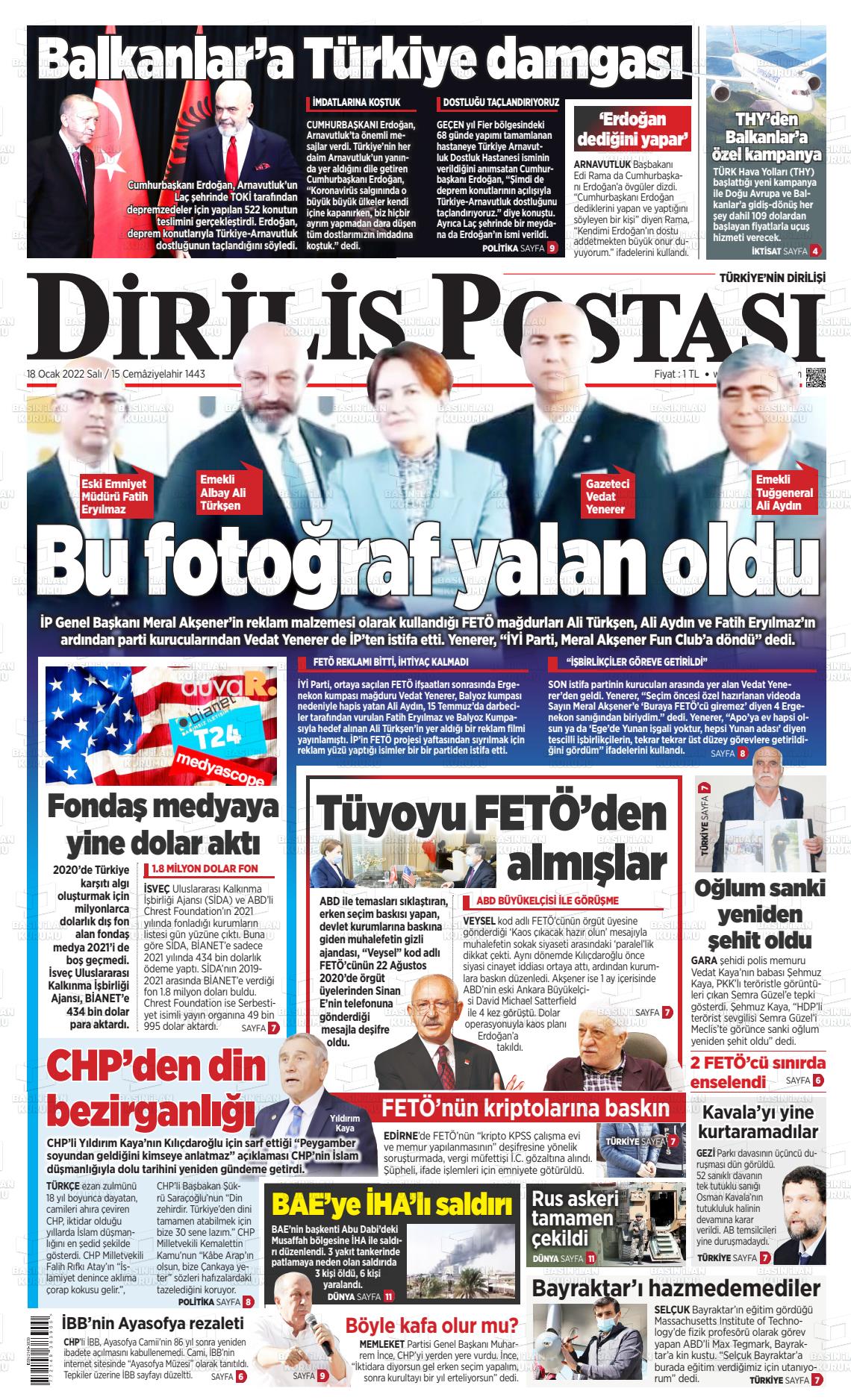 18 Ocak 2022 Diriliş Postası Gazete Manşeti