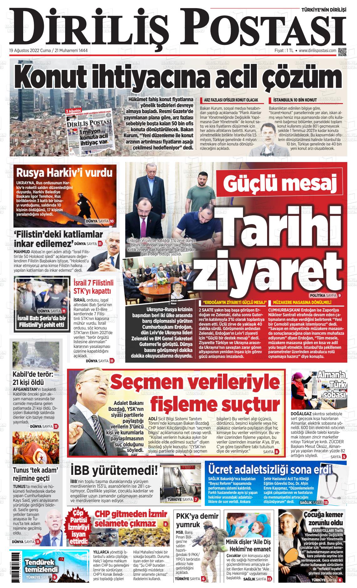 19 Ağustos 2022 Diriliş Postası Gazete Manşeti