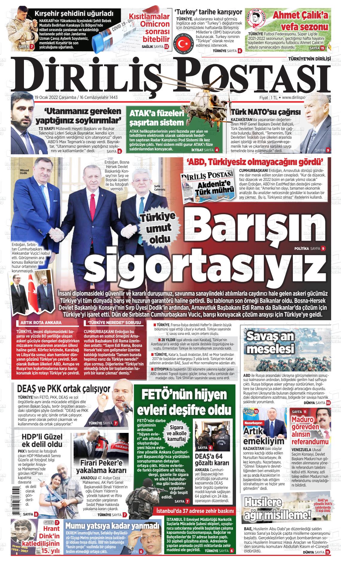 19 Ocak 2022 Diriliş Postası Gazete Manşeti
