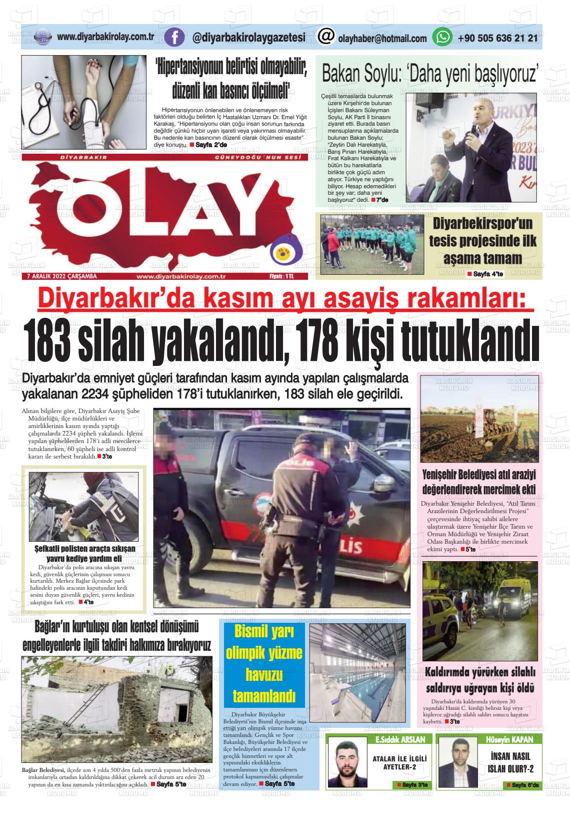 07 Aralık 2022 Diyarbakir Olay Gazete Manşeti