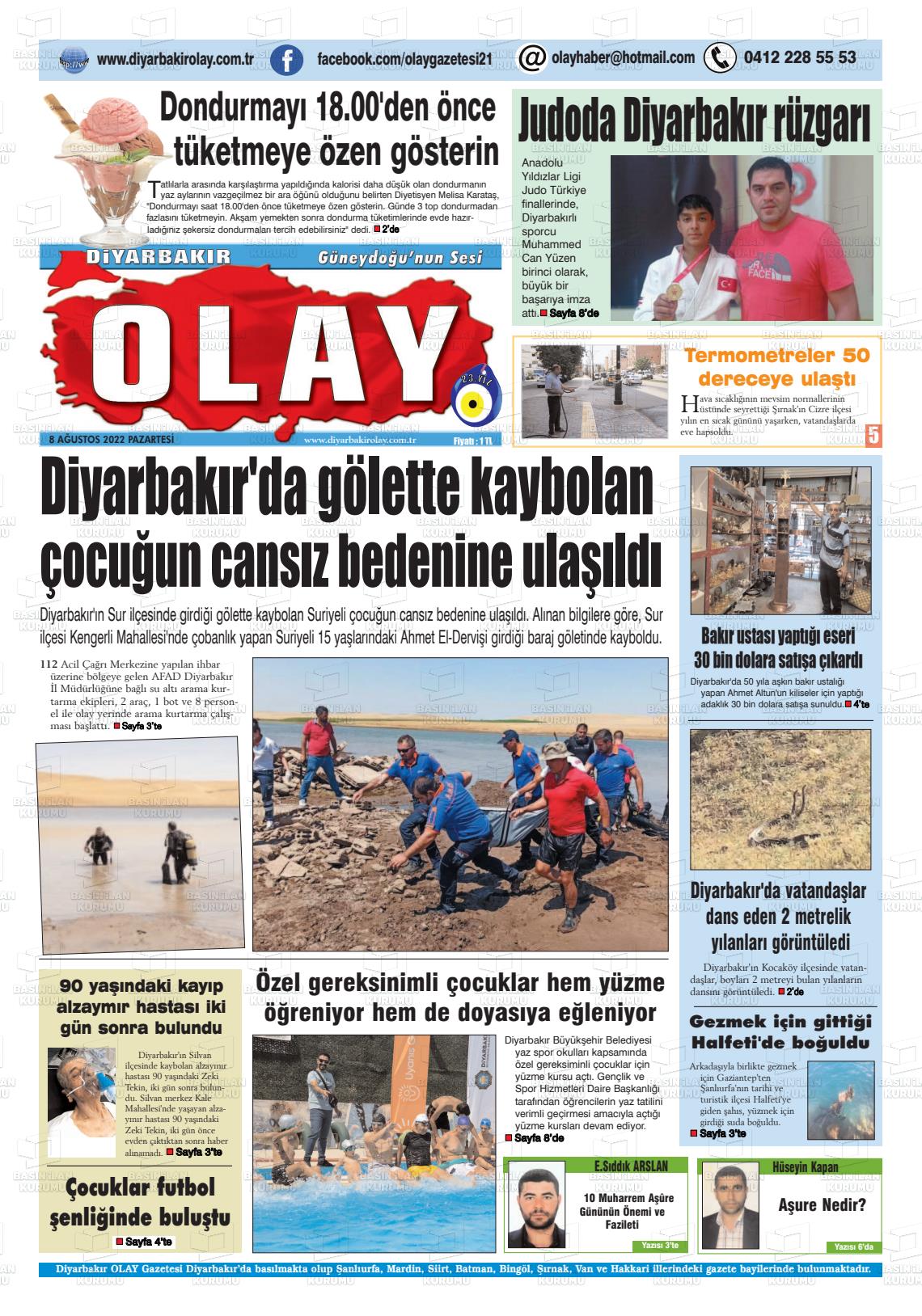 08 Ağustos 2022 Diyarbakir Olay Gazete Manşeti