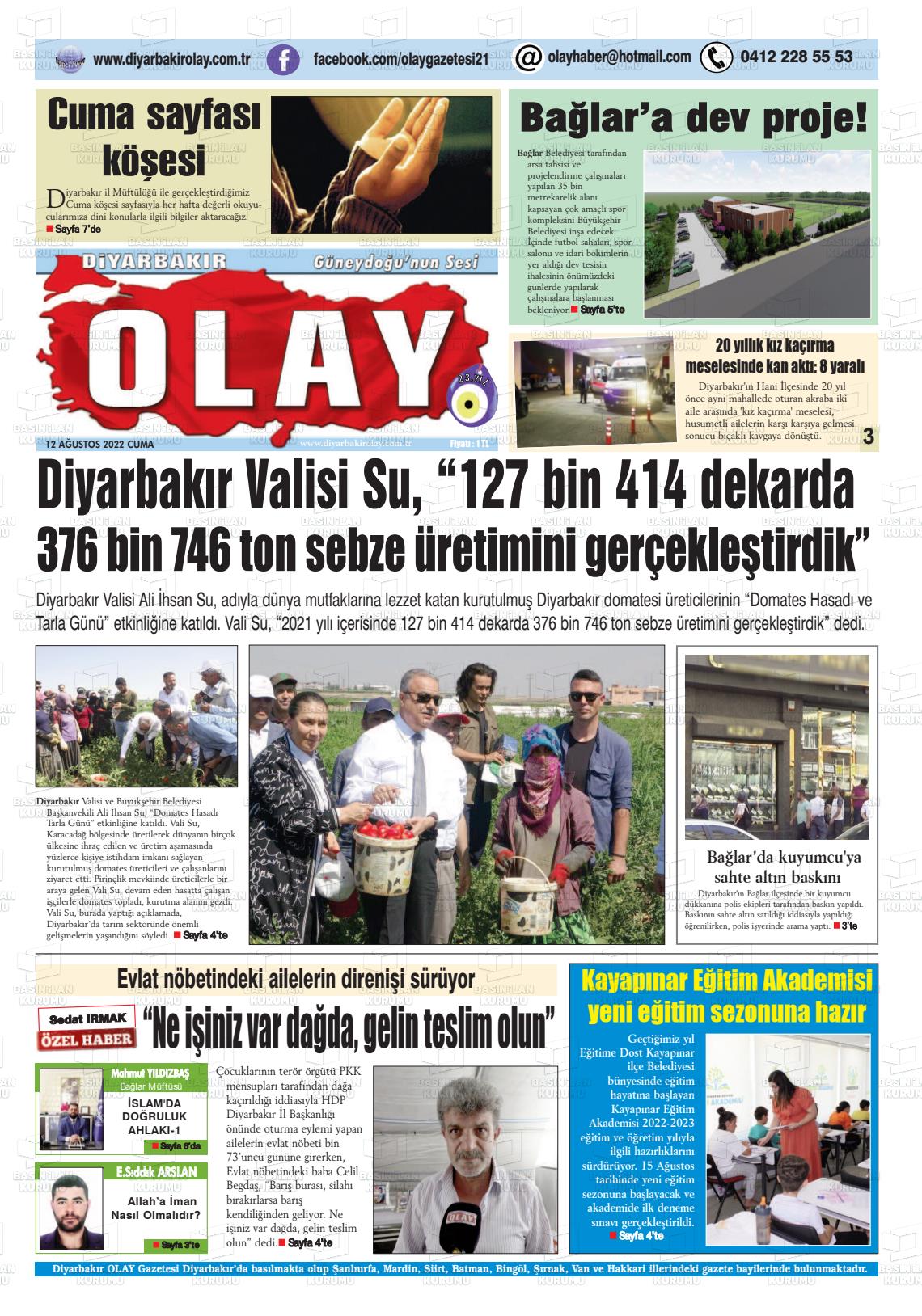 12 Ağustos 2022 Diyarbakir Olay Gazete Manşeti