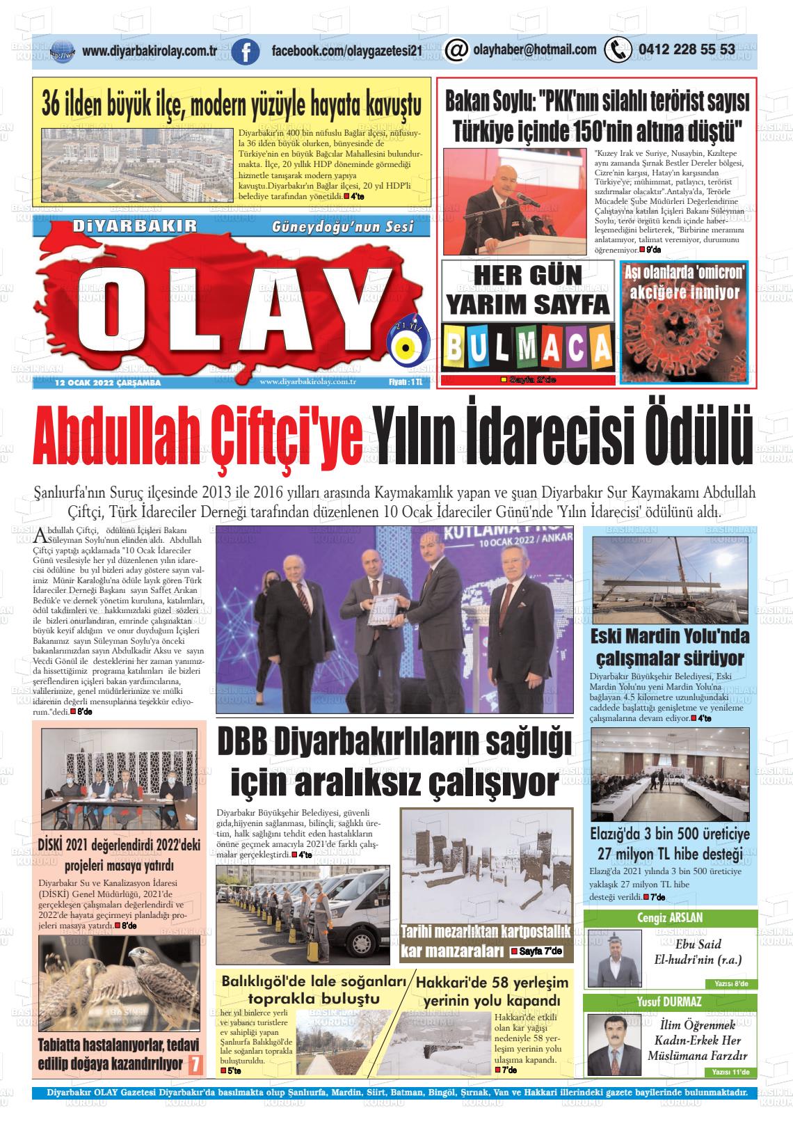 12 Ocak 2022 Diyarbakir Olay Gazete Manşeti