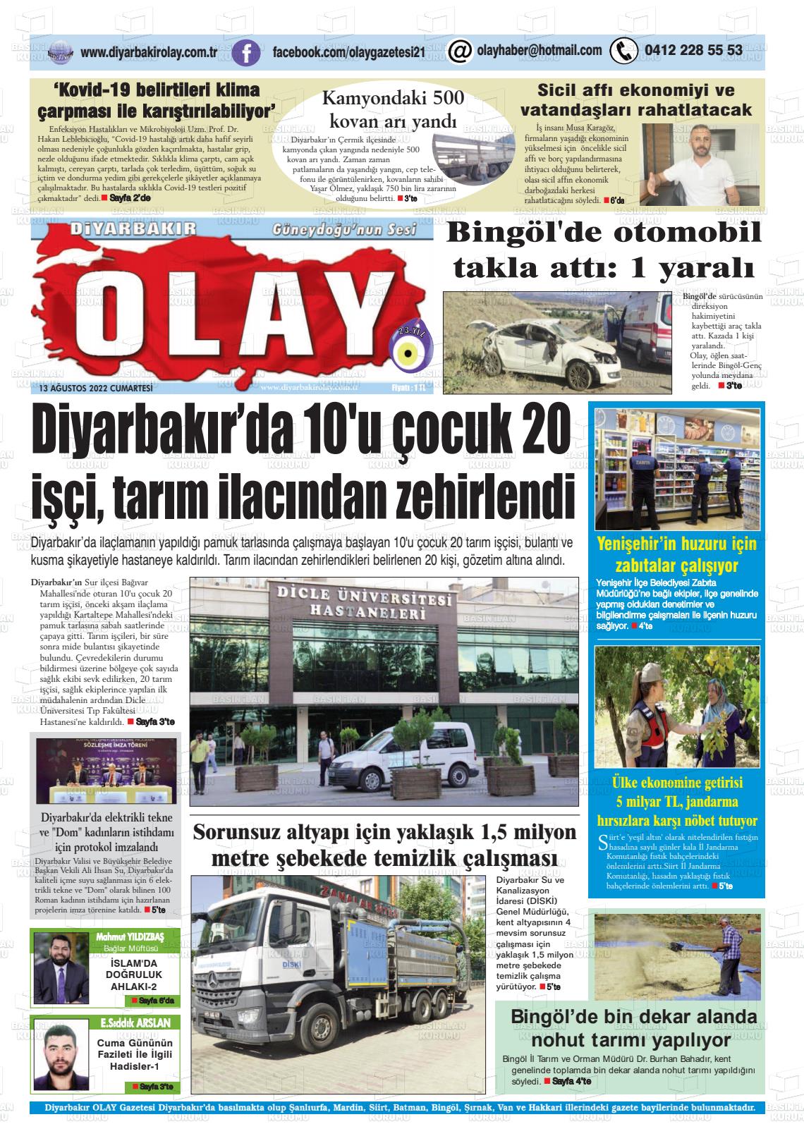 13 Ağustos 2022 Diyarbakir Olay Gazete Manşeti