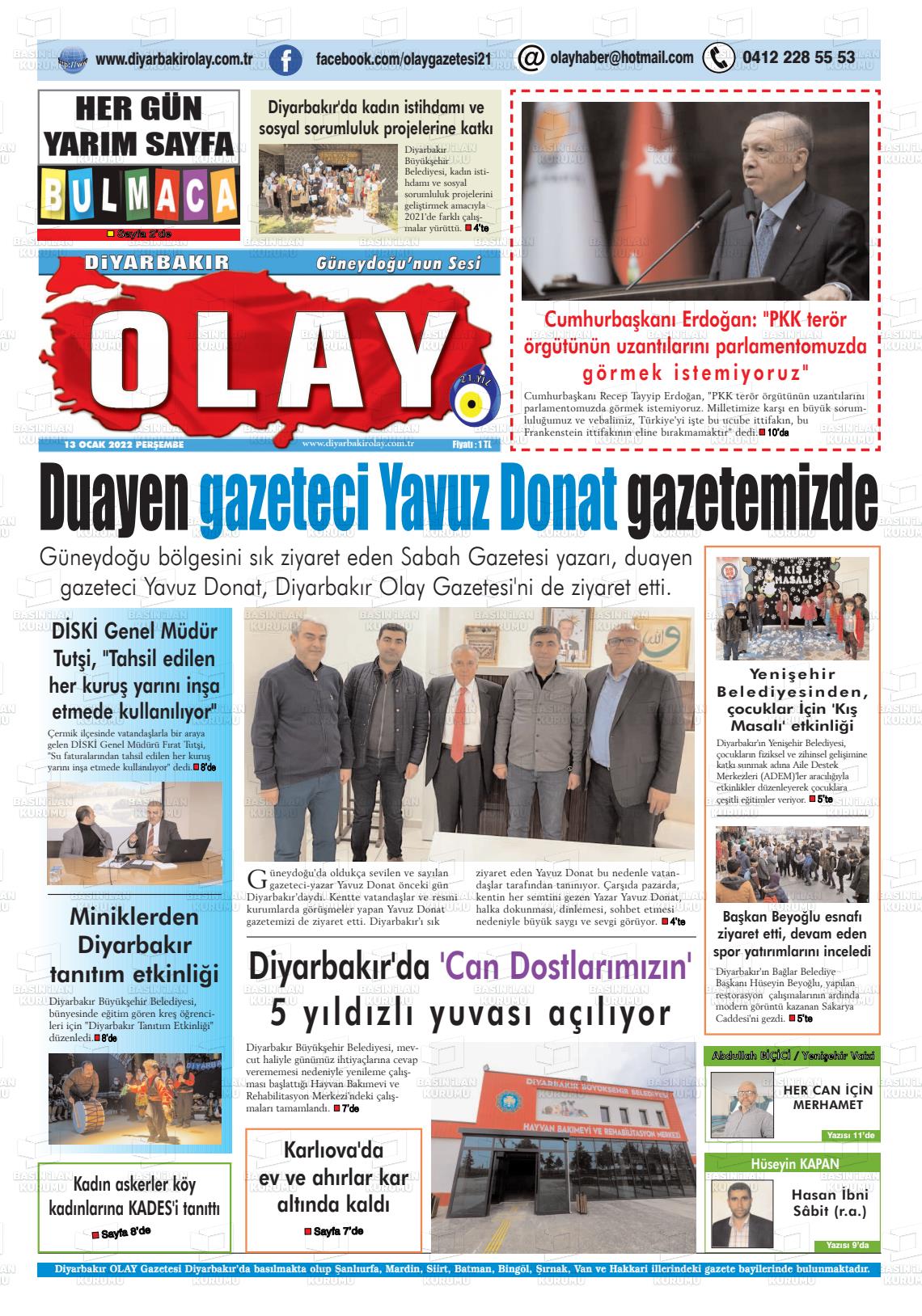13 Ocak 2022 Diyarbakir Olay Gazete Manşeti