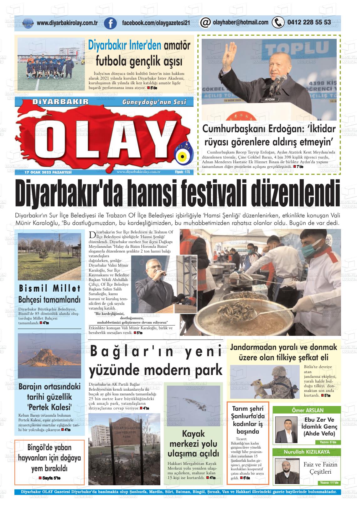 17 Ocak 2022 Diyarbakir Olay Gazete Manşeti