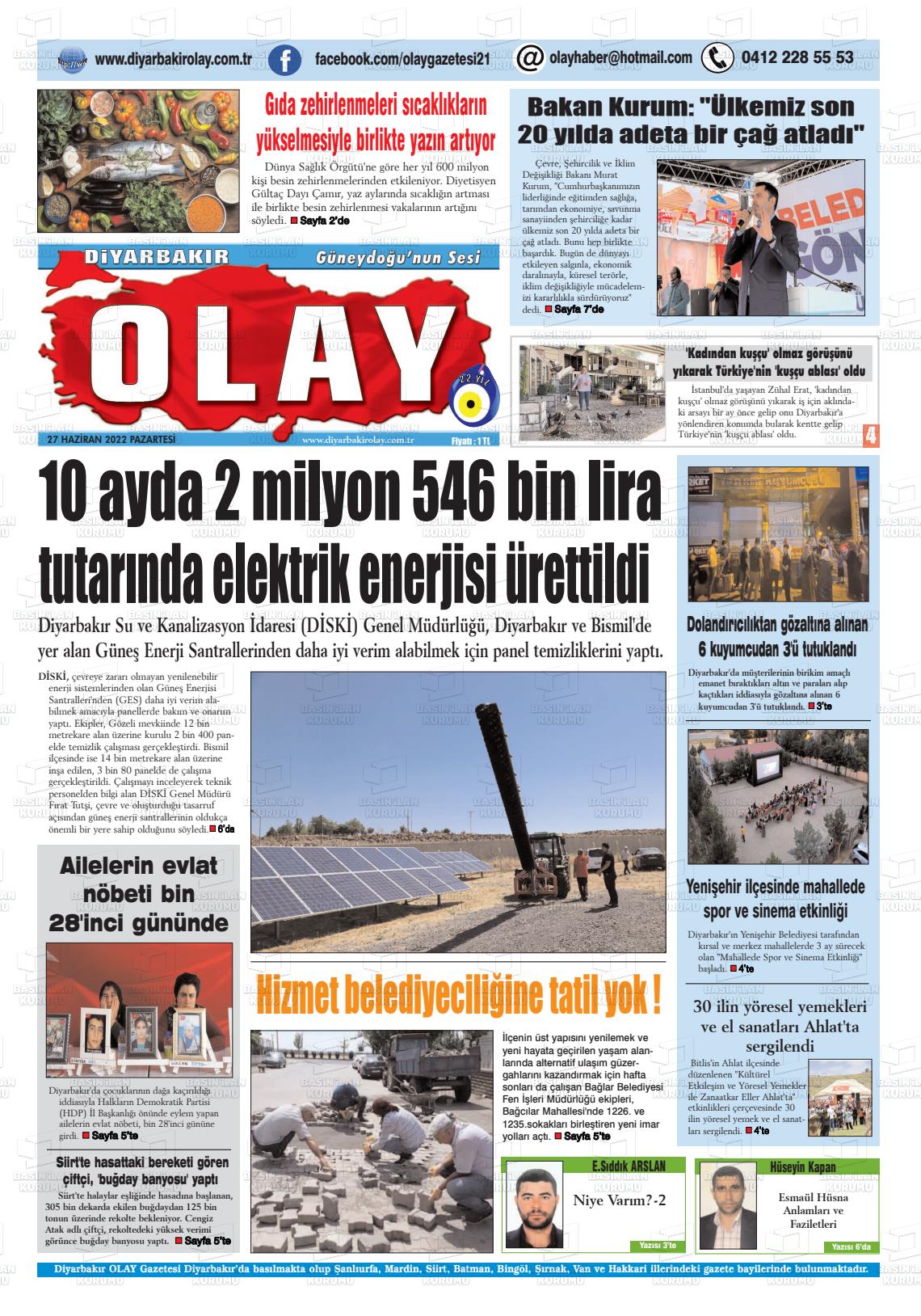 27 Haziran 2022 Diyarbakir Olay Gazete Manşeti