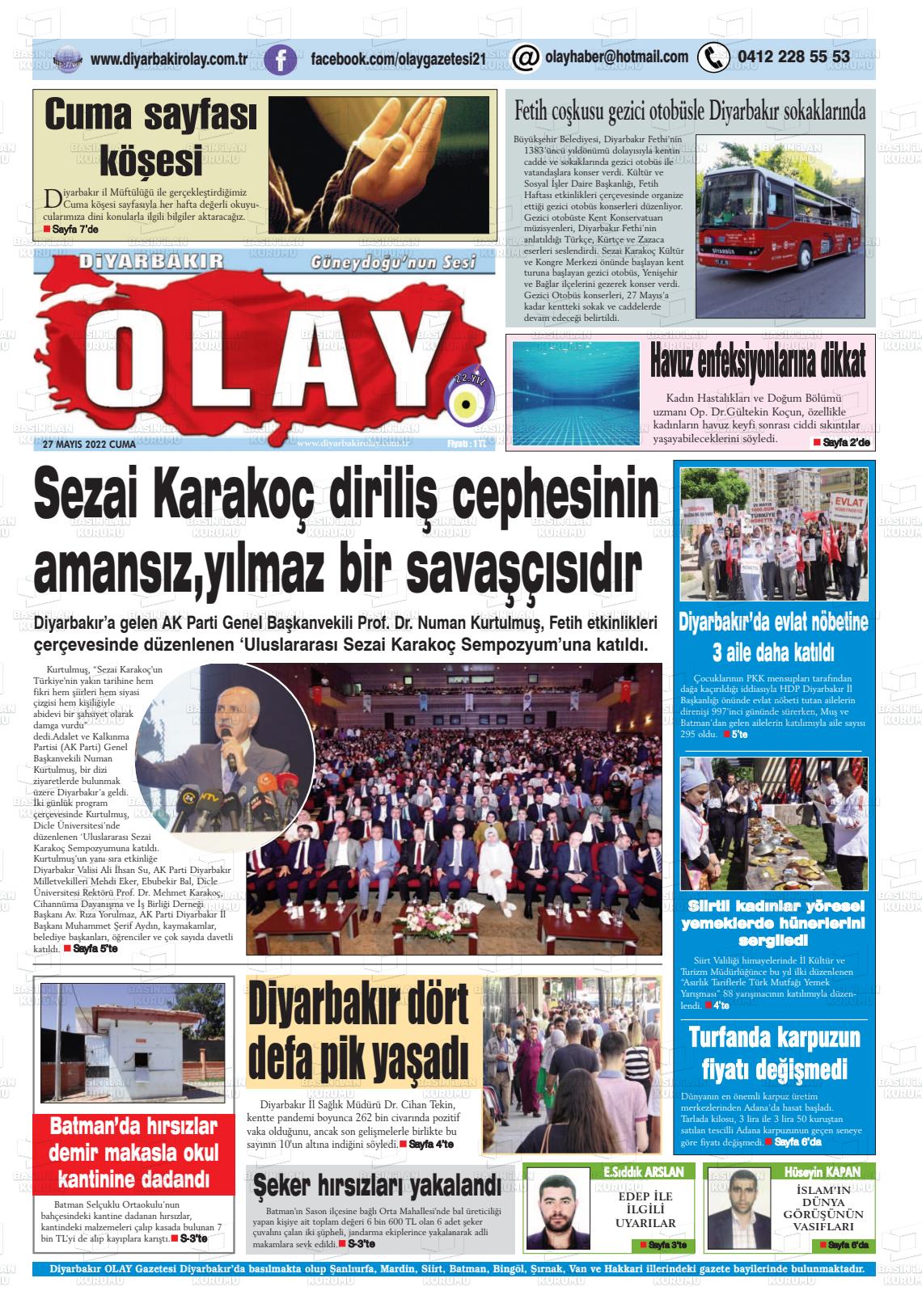 27 Mayıs 2022 Diyarbakir Olay Gazete Manşeti