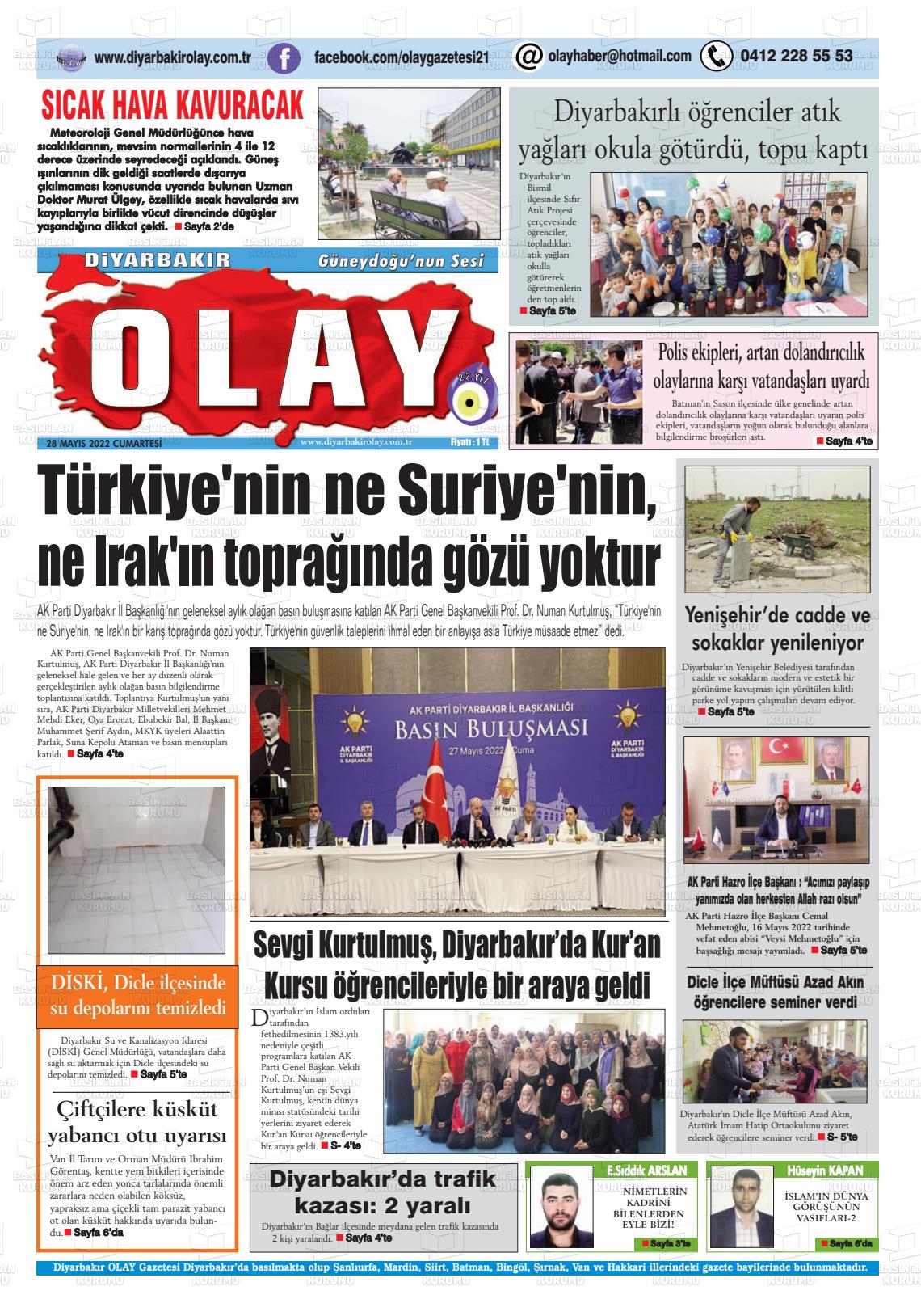 28 Mayıs 2022 Diyarbakir Olay Gazete Manşeti