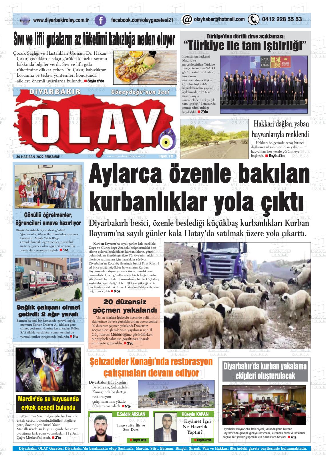 30 Haziran 2022 Diyarbakir Olay Gazete Manşeti