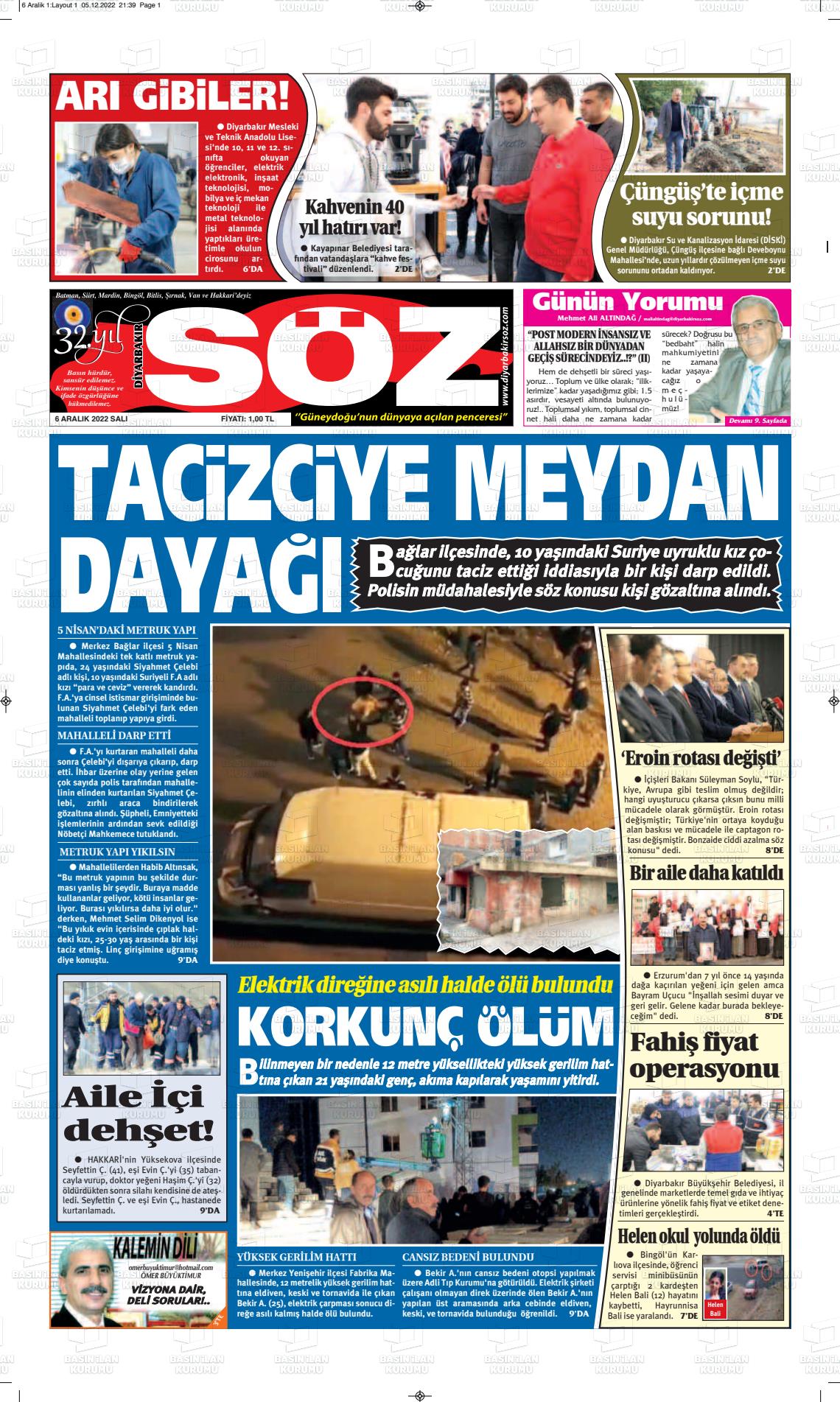 06 Aralık 2022 Diyarbakır Söz Gazete Manşeti