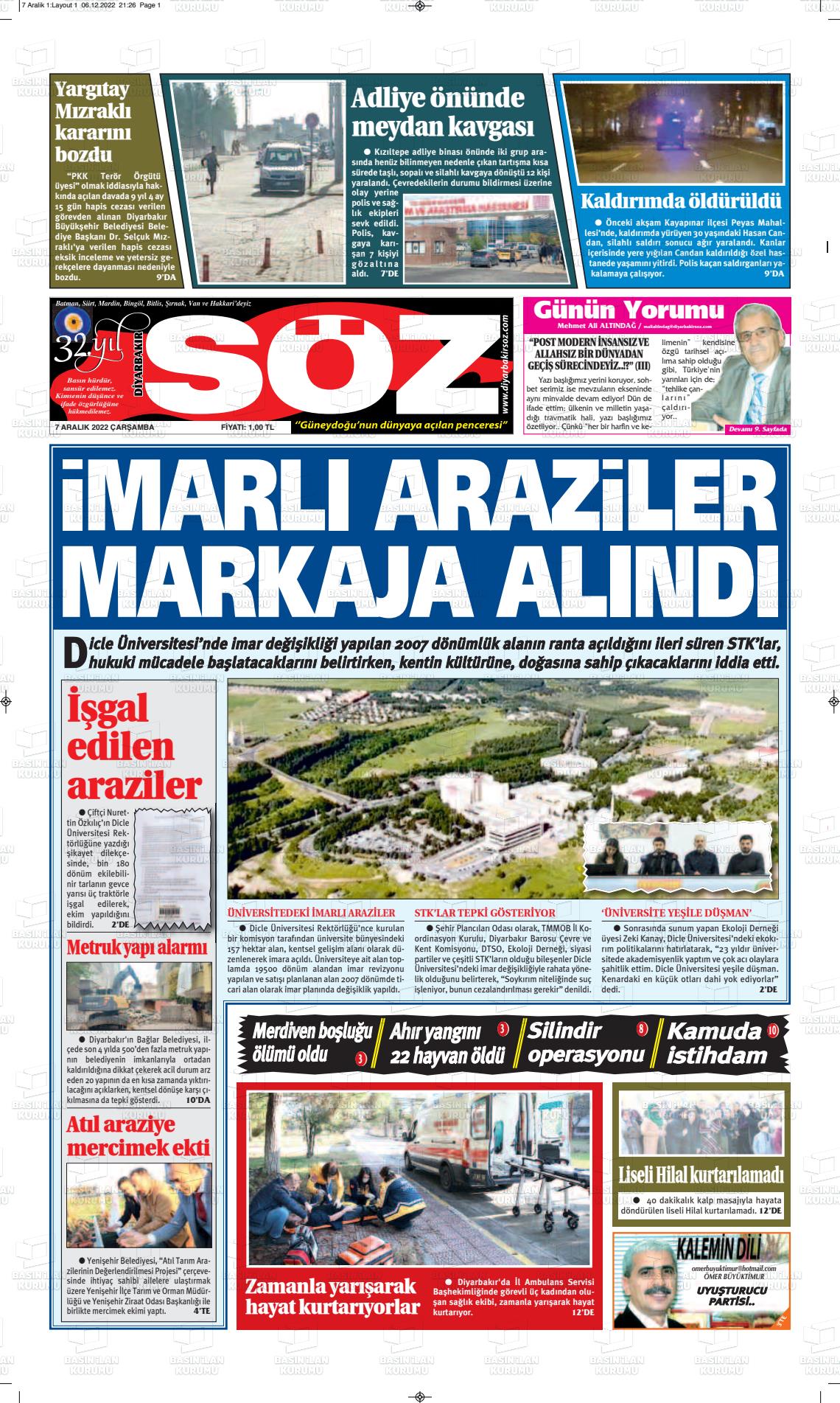 07 Aralık 2022 Diyarbakır Söz Gazete Manşeti