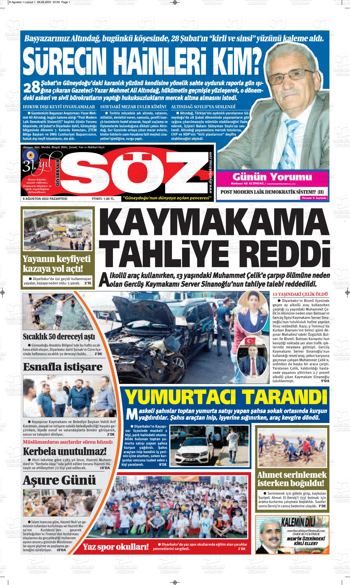 08 Ağustos 2022 Diyarbakır Söz Gazete Manşeti