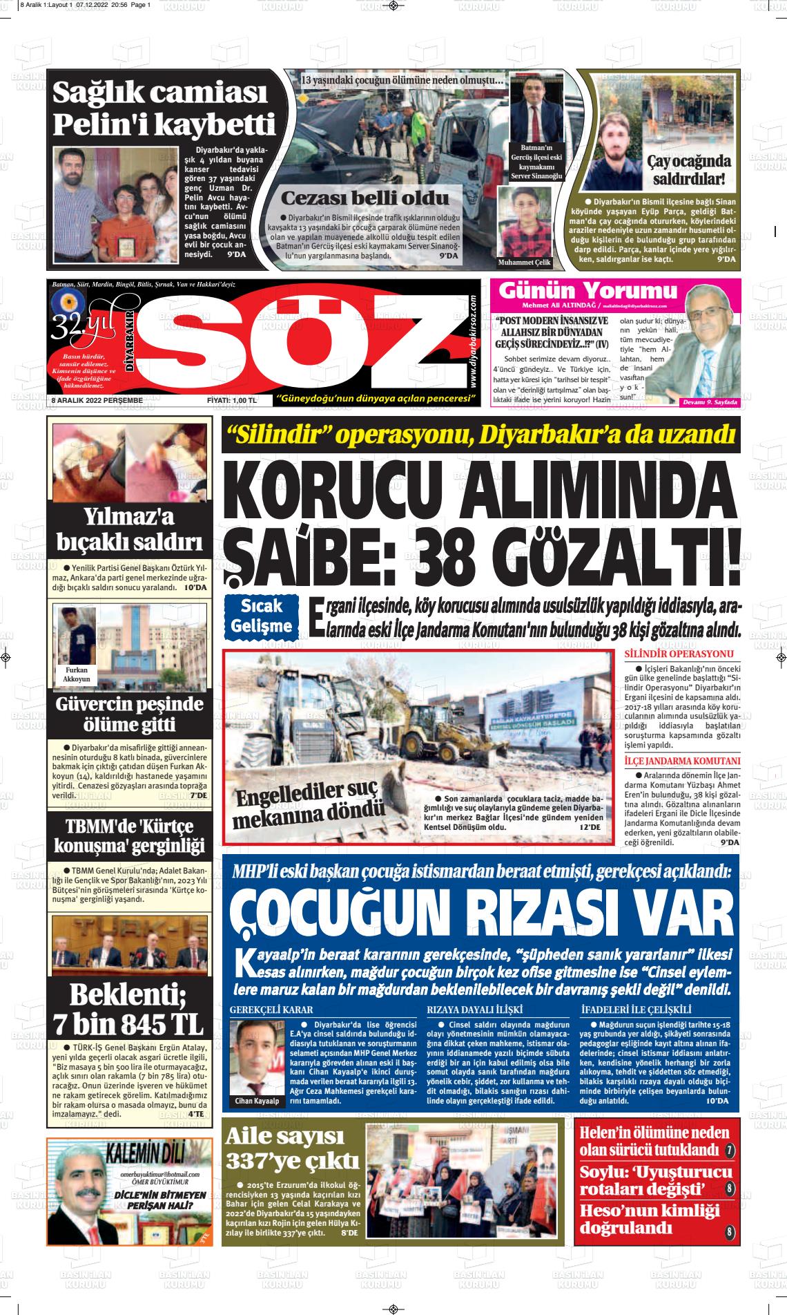 08 Aralık 2022 Diyarbakır Söz Gazete Manşeti