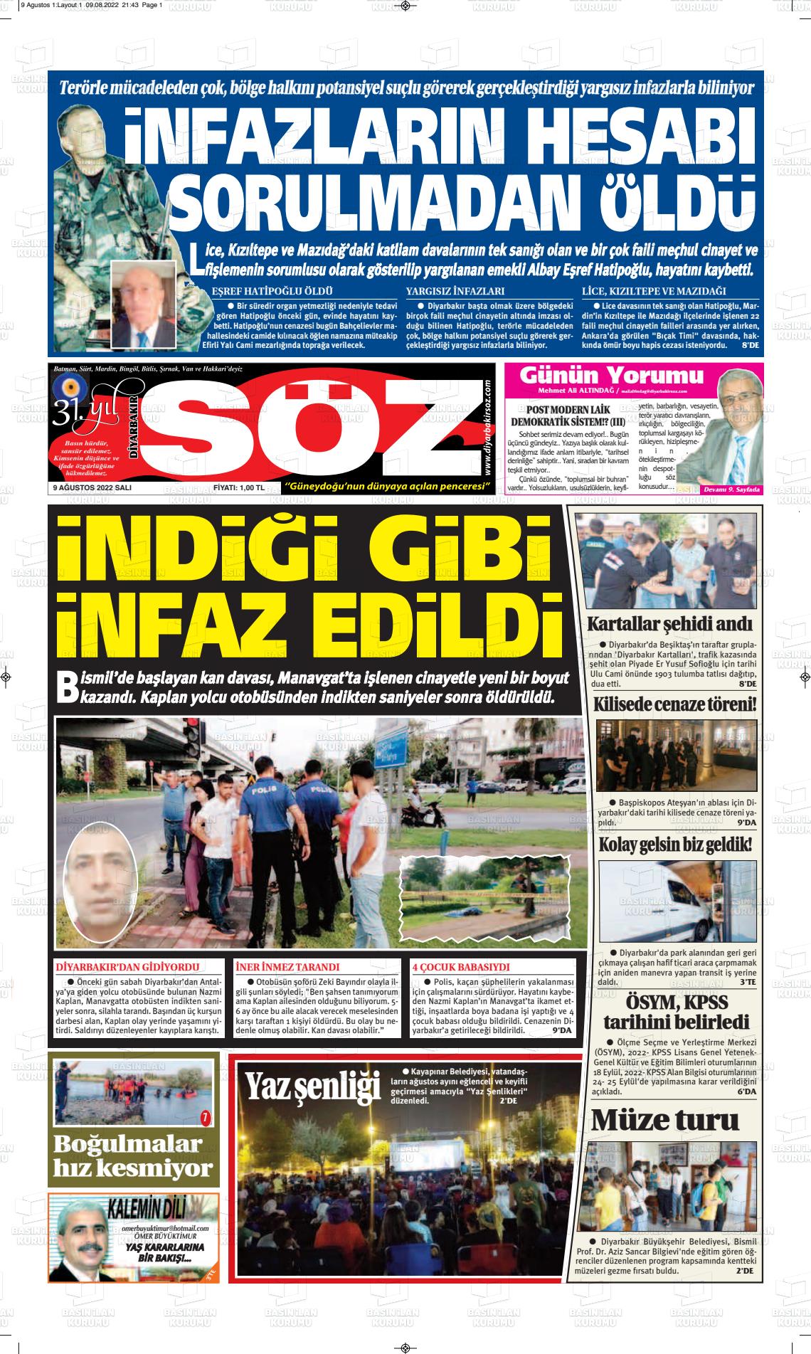09 Ağustos 2022 Diyarbakır Söz Gazete Manşeti