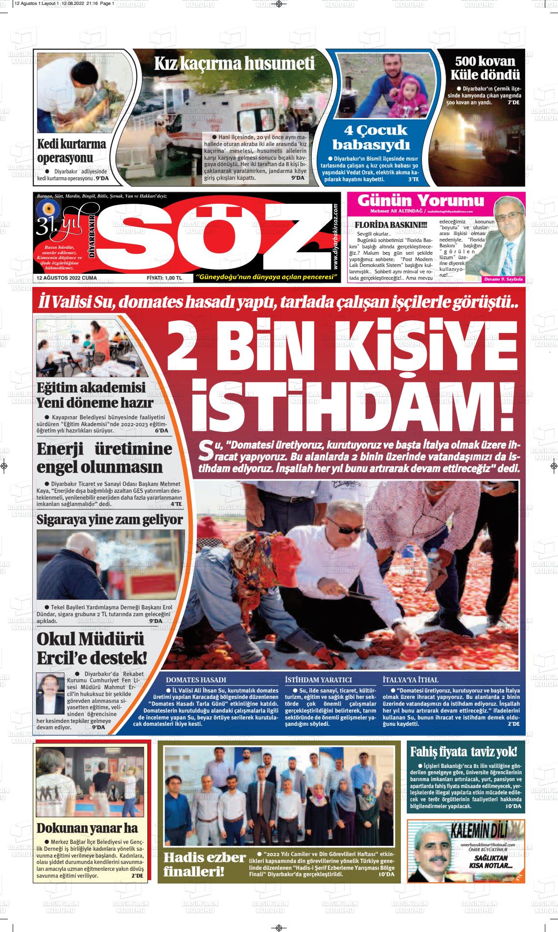 12 Ağustos 2022 Diyarbakır Söz Gazete Manşeti