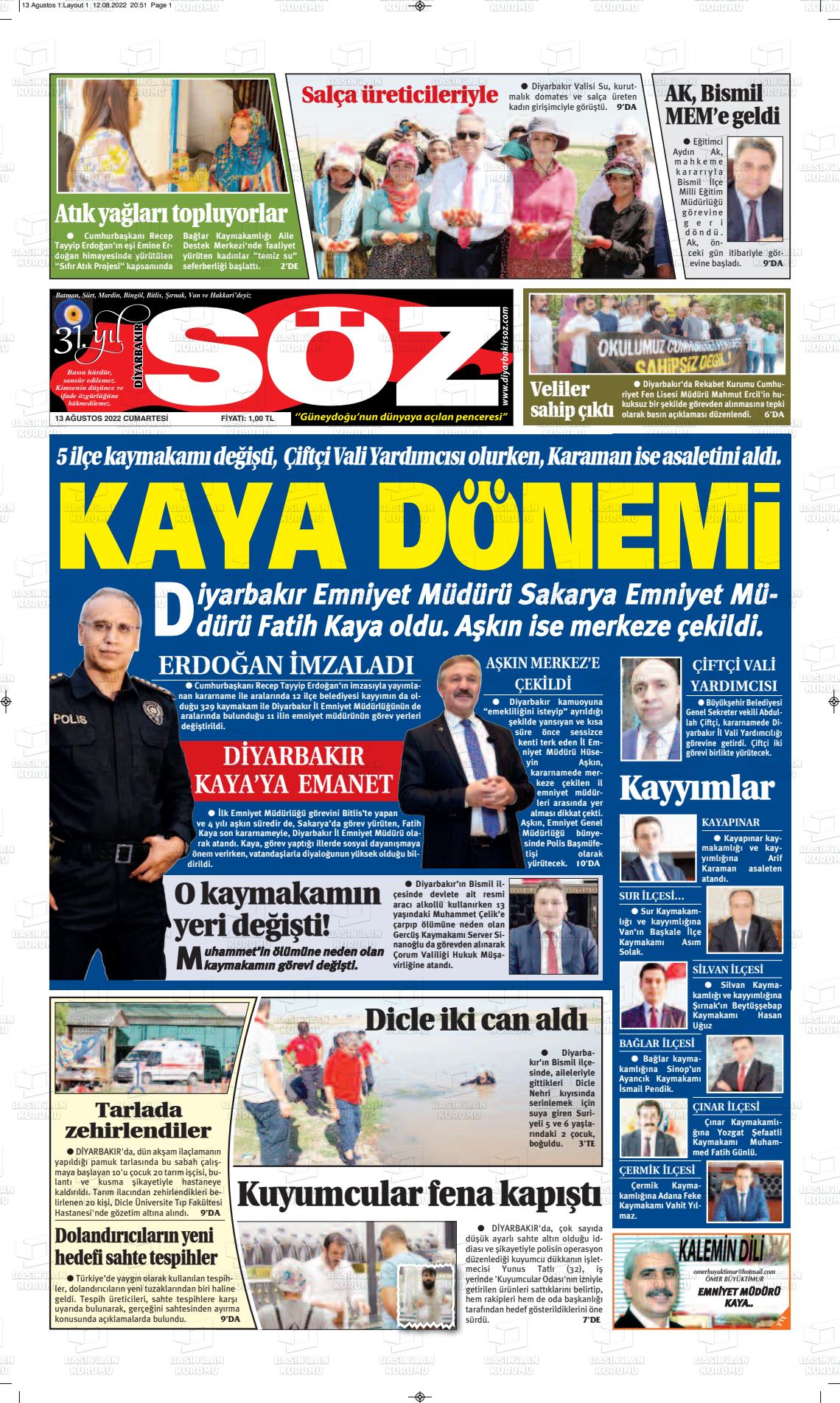 13 Ağustos 2022 Diyarbakır Söz Gazete Manşeti