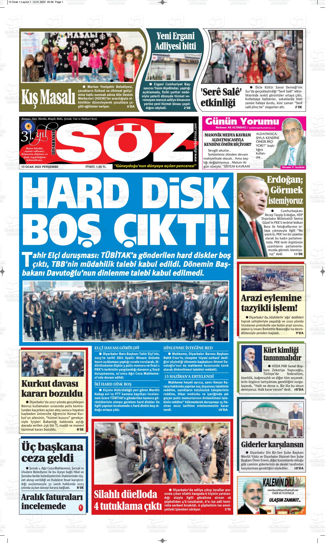 13 Ocak 2022 Diyarbakır Söz Gazete Manşeti