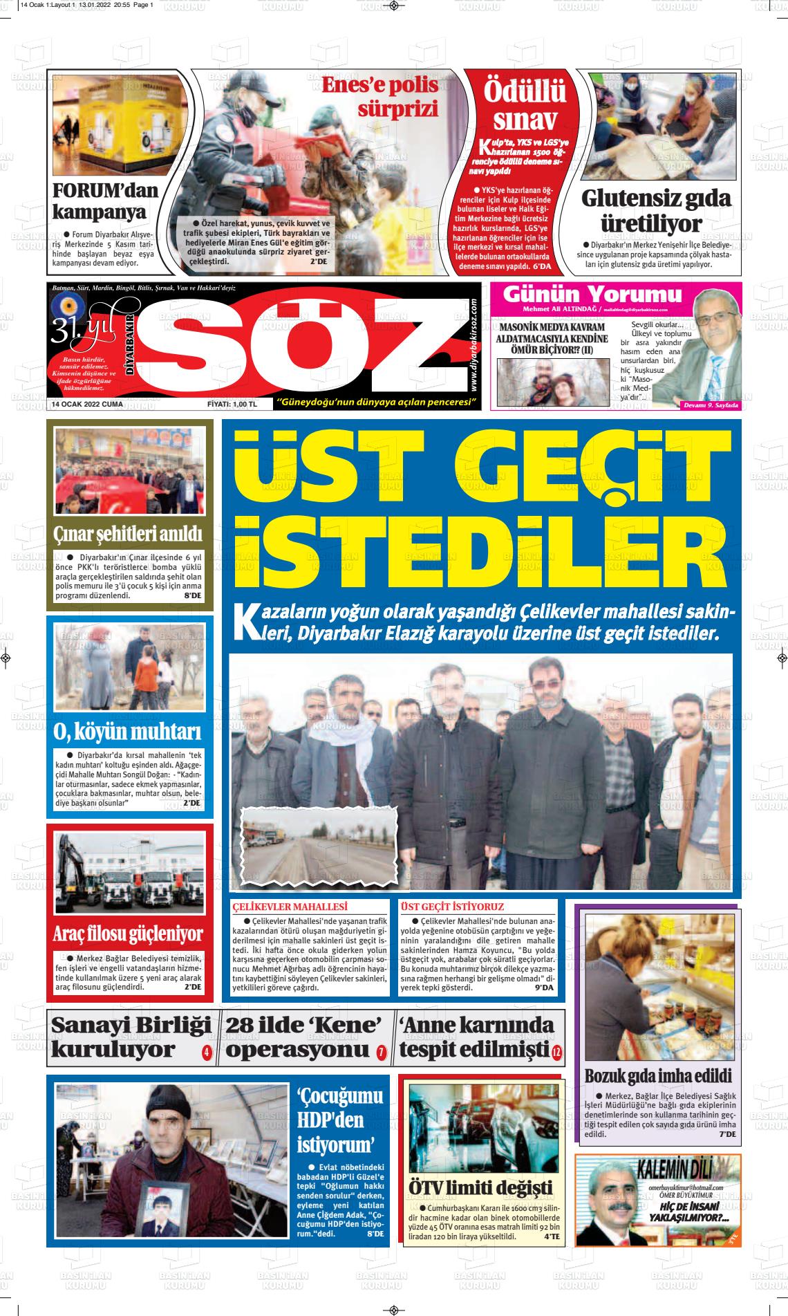 14 Ocak 2022 Diyarbakır Söz Gazete Manşeti