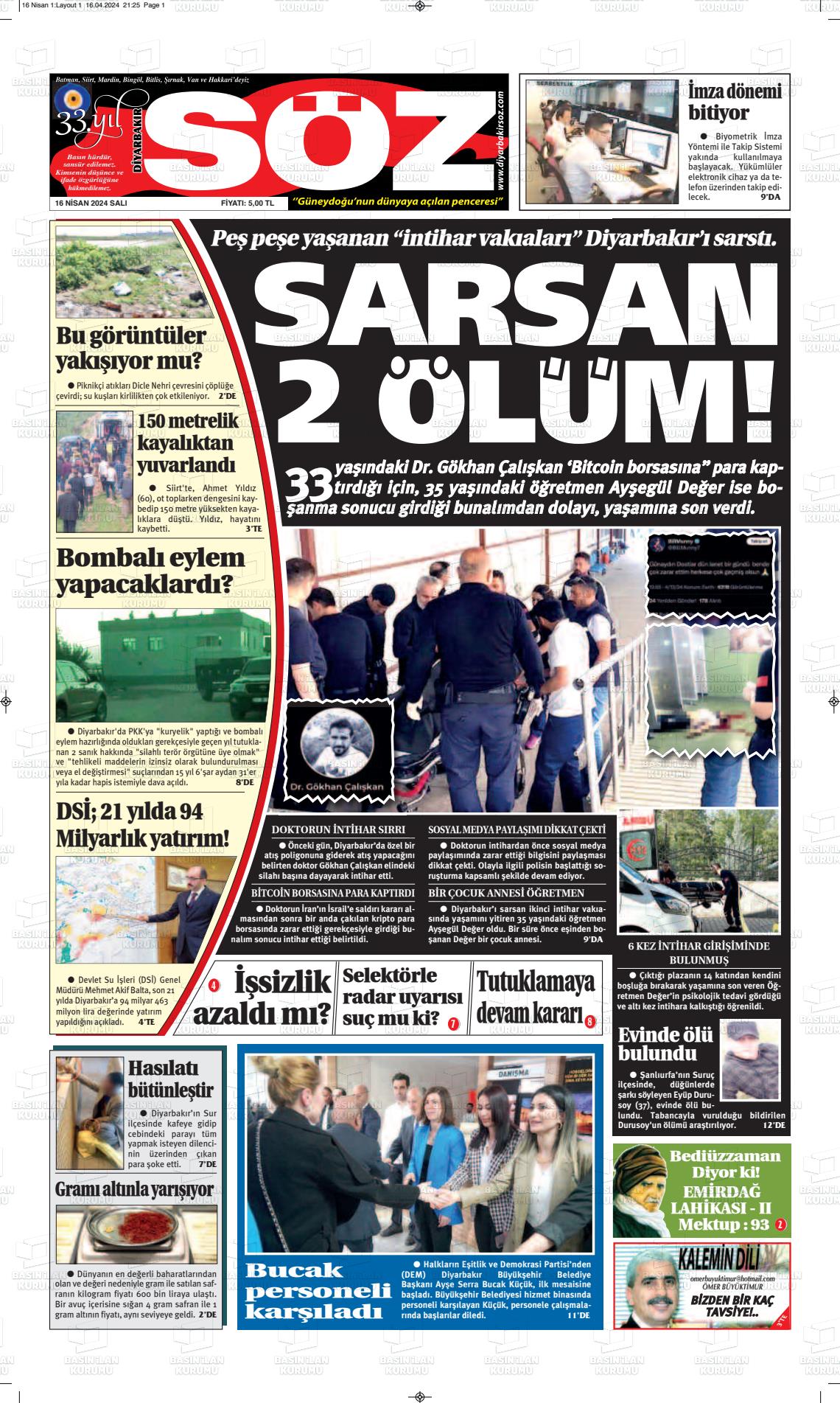 18 Nisan 2024 Diyarbakır Söz Gazete Manşeti
