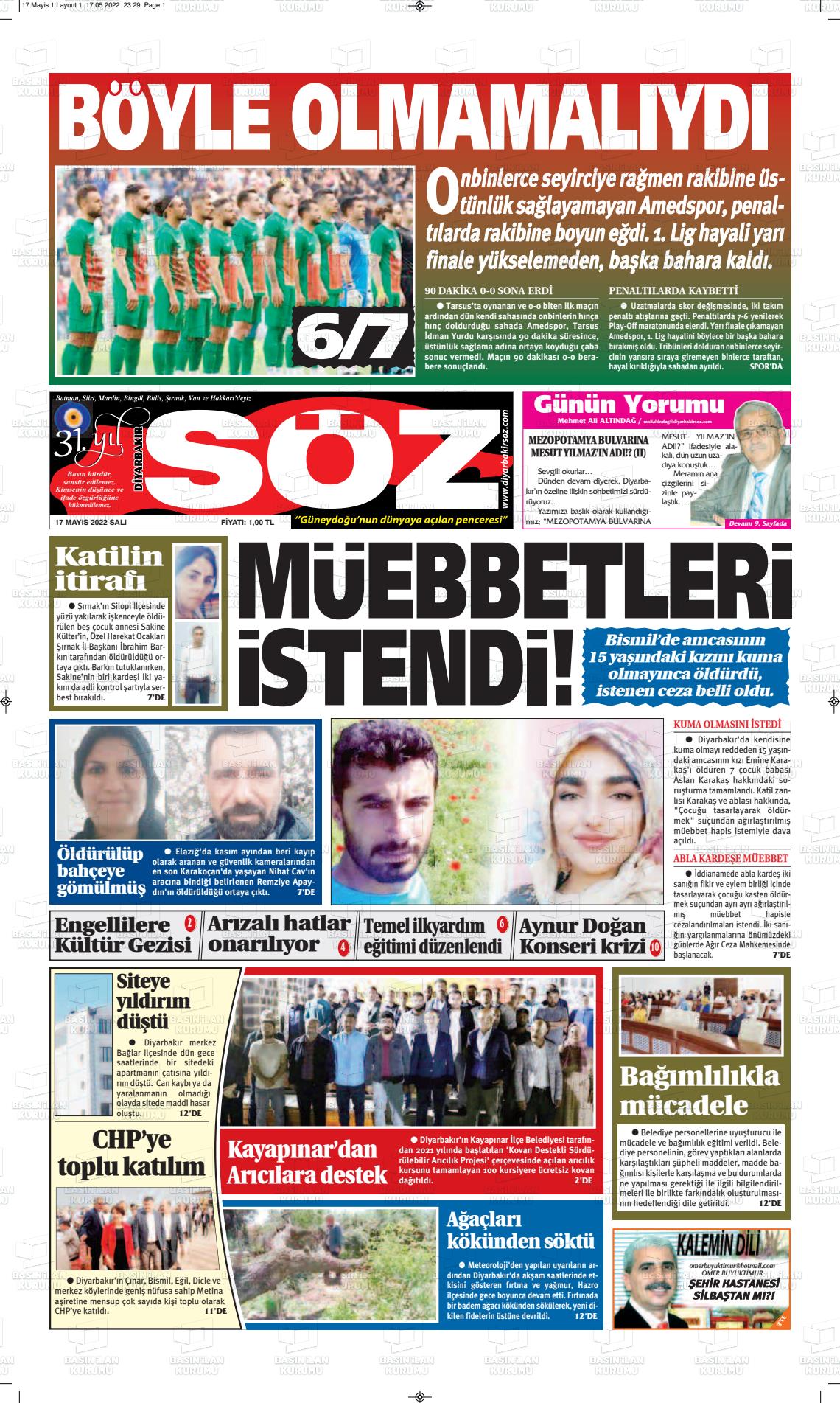 17 Mayıs 2022 Diyarbakır Söz Gazete Manşeti