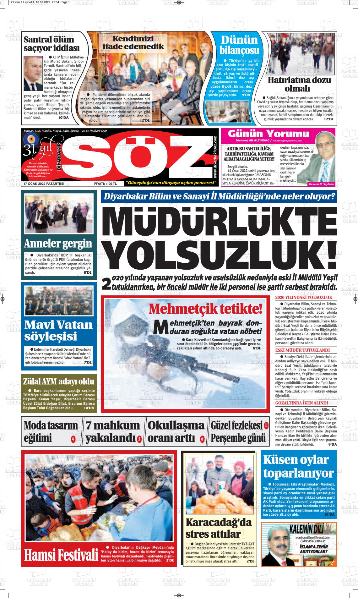17 Ocak 2022 Diyarbakır Söz Gazete Manşeti