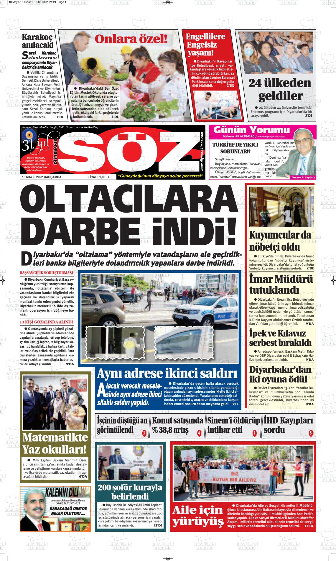 18 Mayıs 2022 Diyarbakır Söz Gazete Manşeti