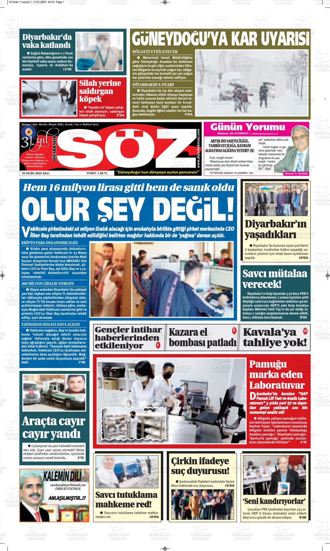 18 Ocak 2022 Diyarbakır Söz Gazete Manşeti