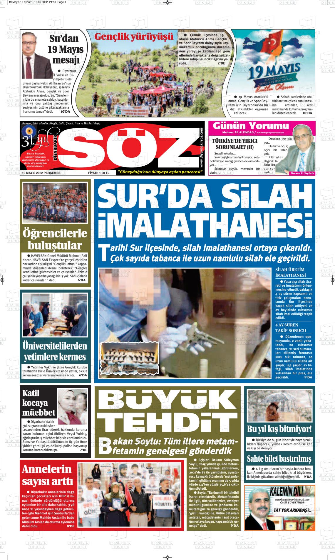 19 Mayıs 2022 Diyarbakır Söz Gazete Manşeti