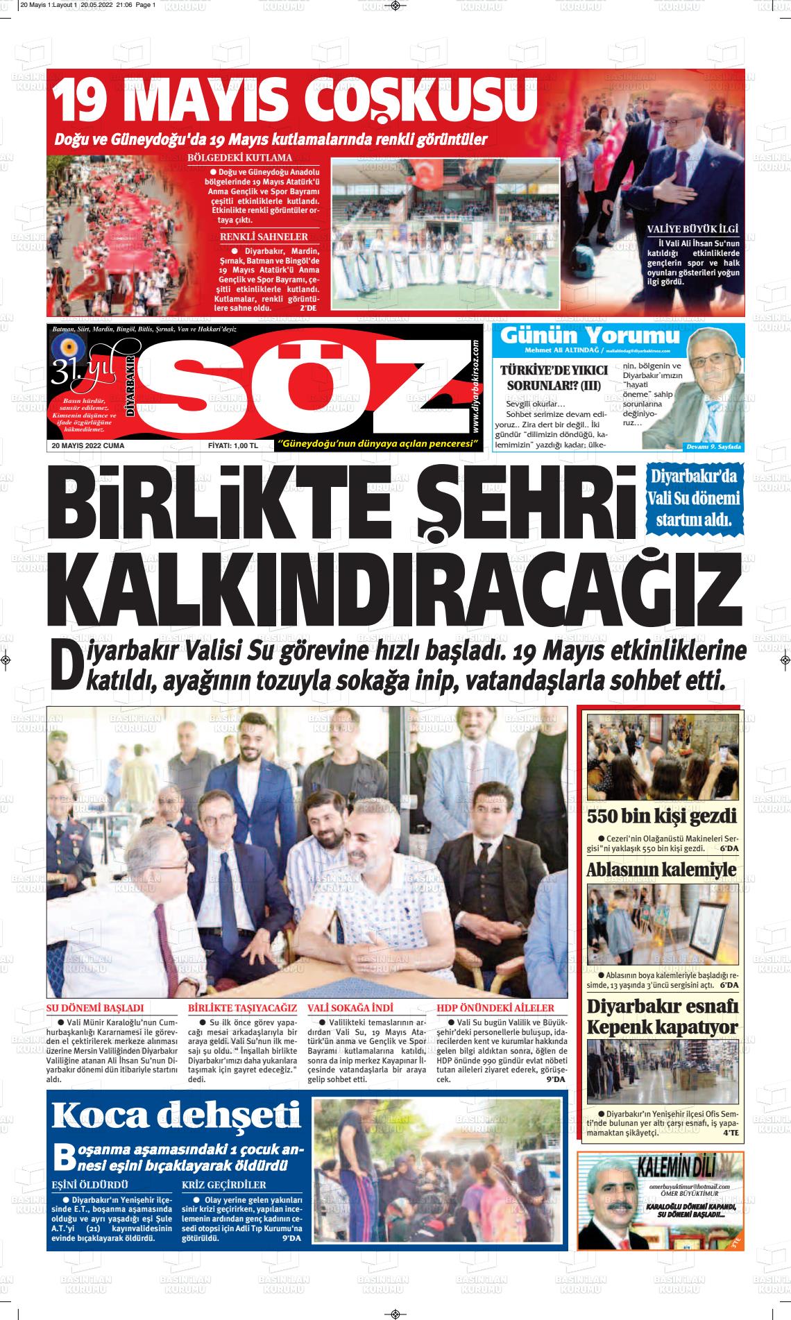 20 Mayıs 2022 Diyarbakır Söz Gazete Manşeti