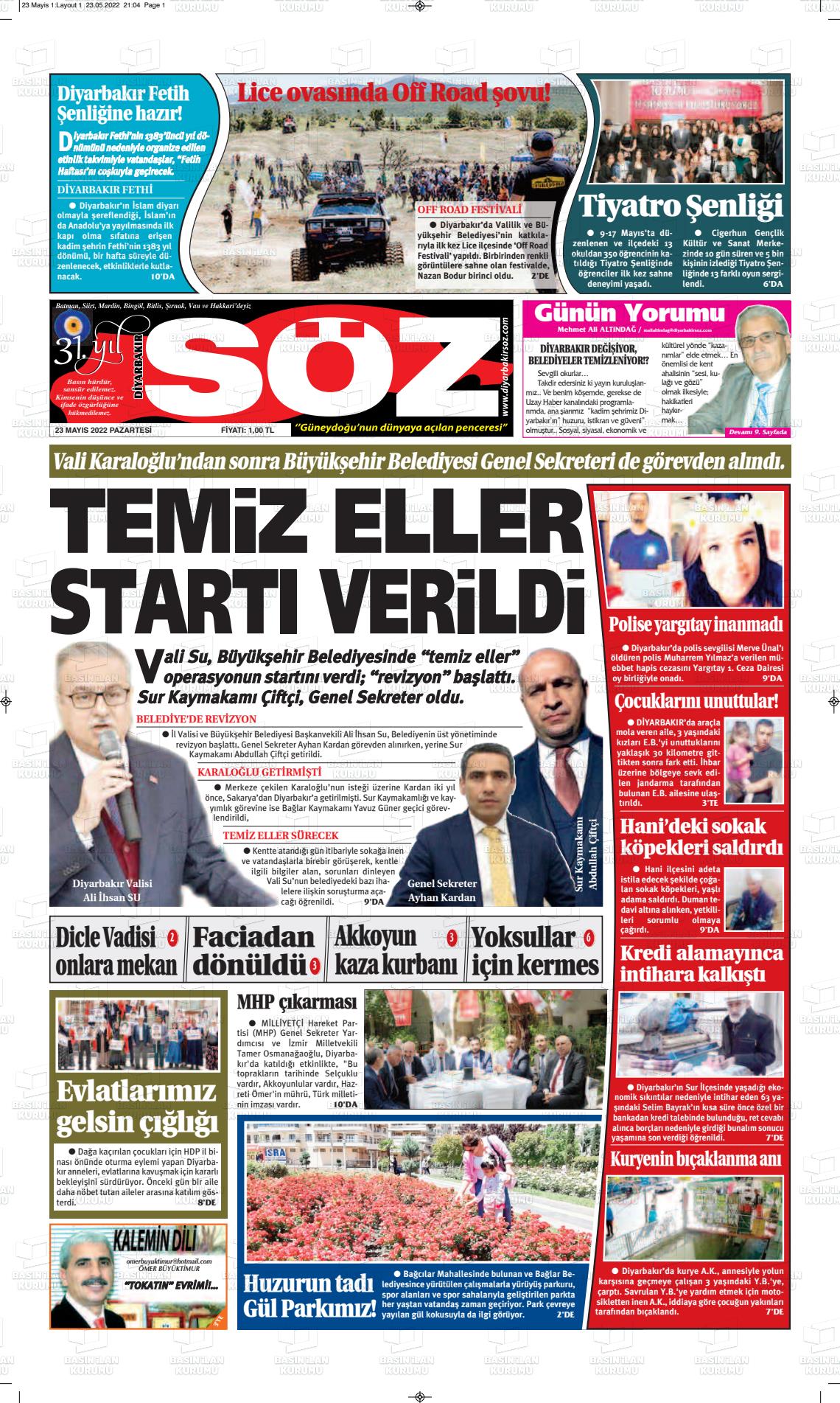 23 Mayıs 2022 Diyarbakır Söz Gazete Manşeti