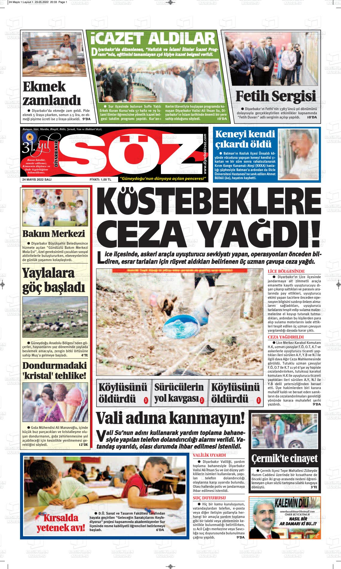 24 Mayıs 2022 Diyarbakır Söz Gazete Manşeti