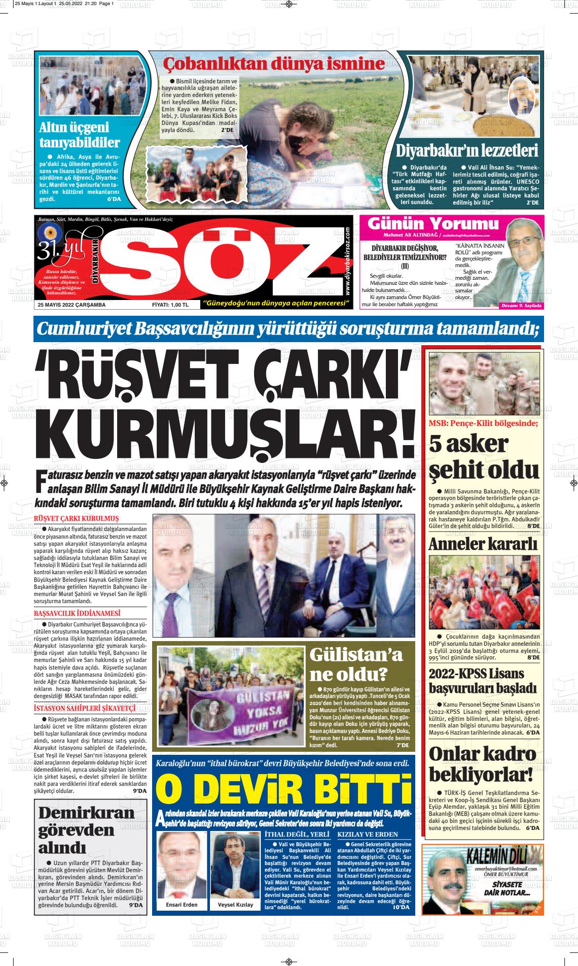 25 Mayıs 2022 Diyarbakır Söz Gazete Manşeti