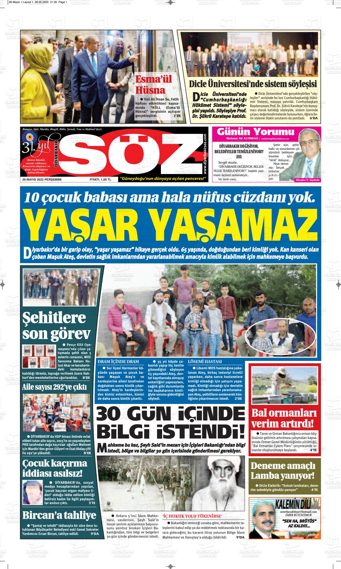 26 Mayıs 2022 Diyarbakır Söz Gazete Manşeti