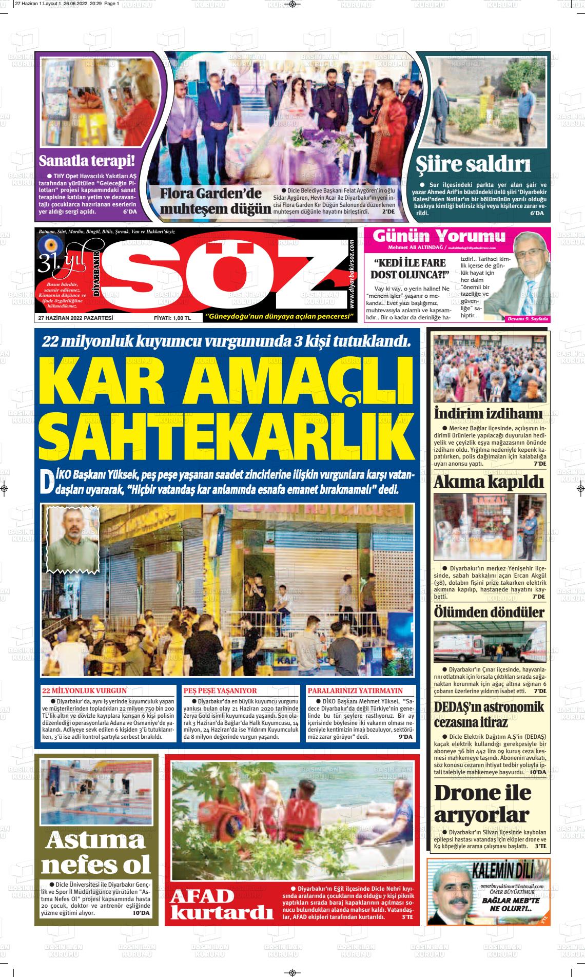 27 Haziran 2022 Diyarbakır Söz Gazete Manşeti