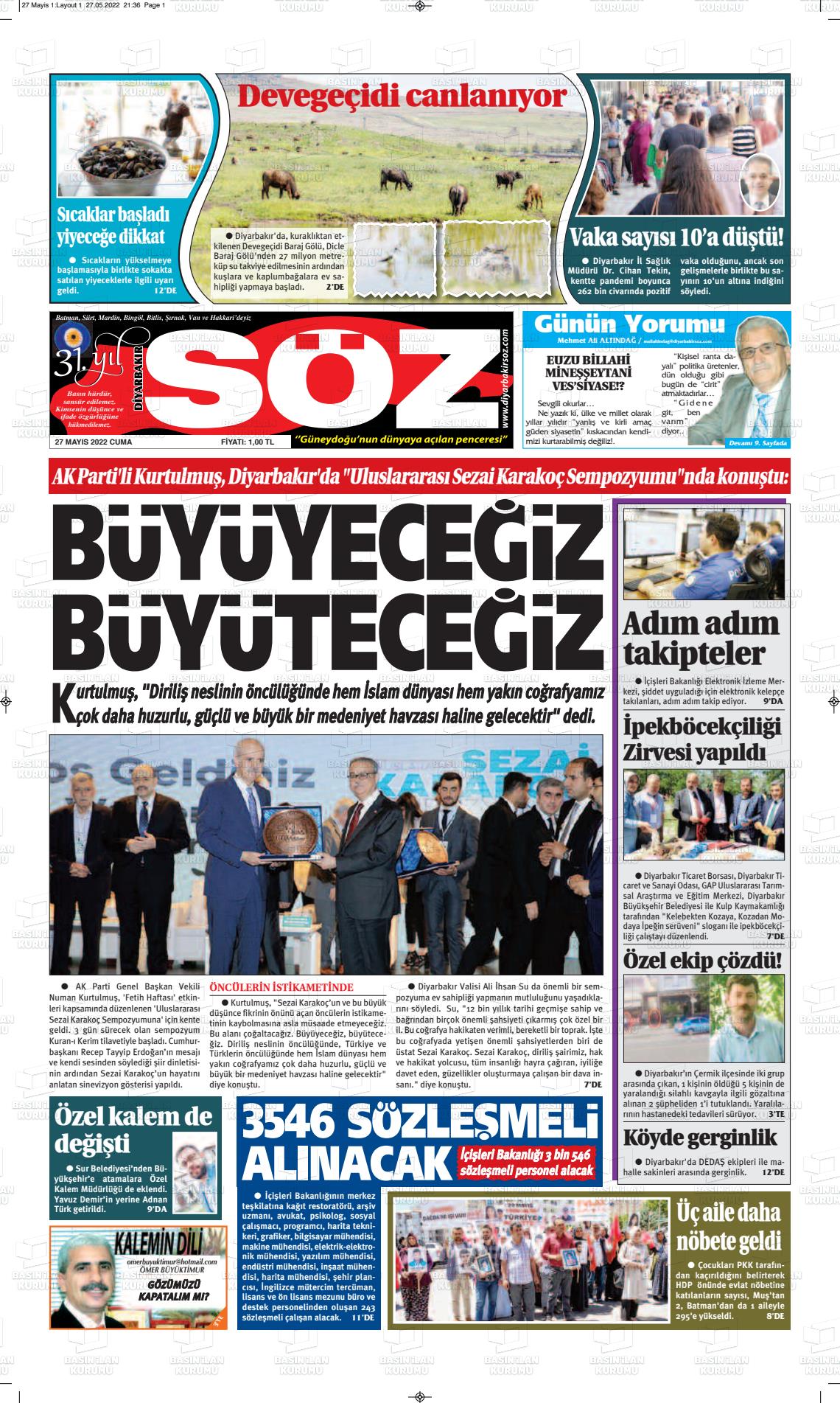 27 Mayıs 2022 Diyarbakır Söz Gazete Manşeti