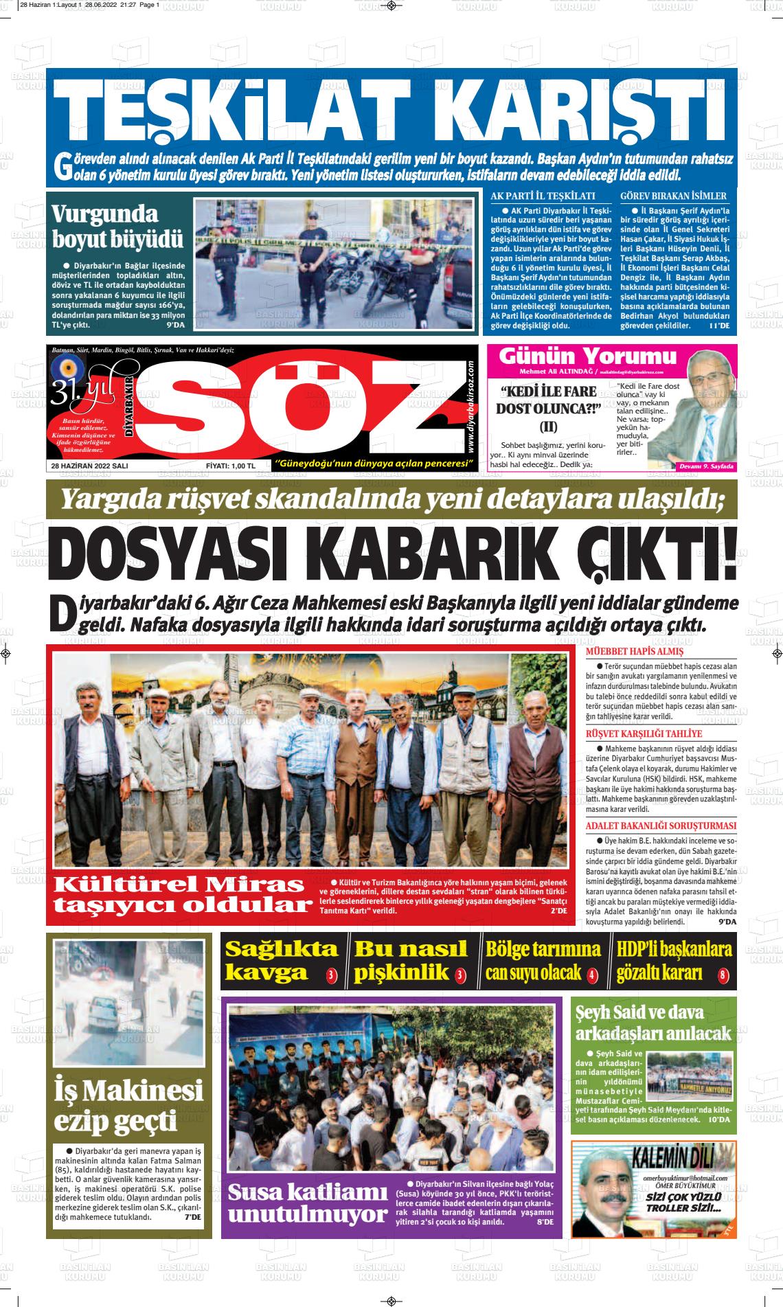 28 Haziran 2022 Diyarbakır Söz Gazete Manşeti