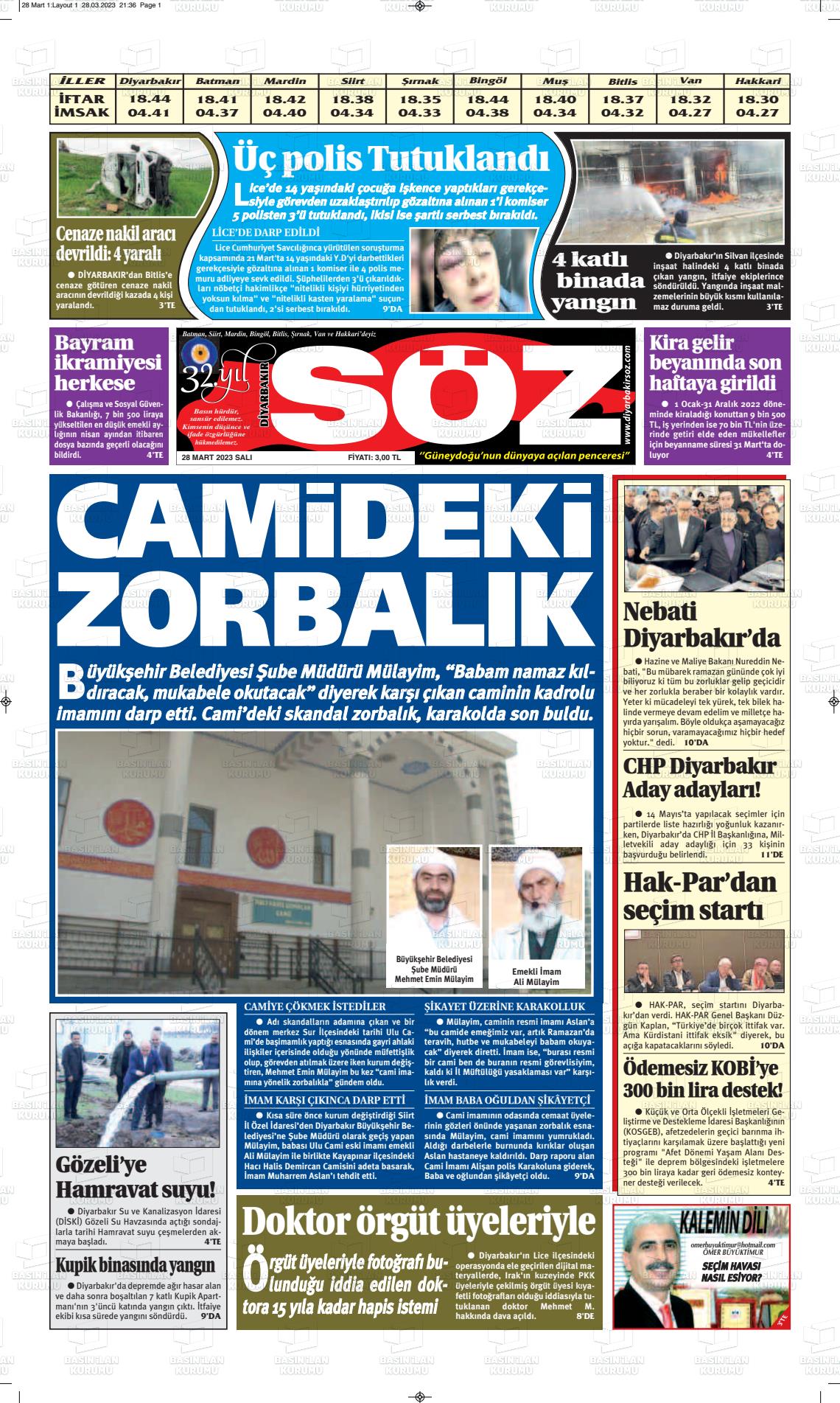 28 Mart 2023 Diyarbakır Söz Gazete Manşeti