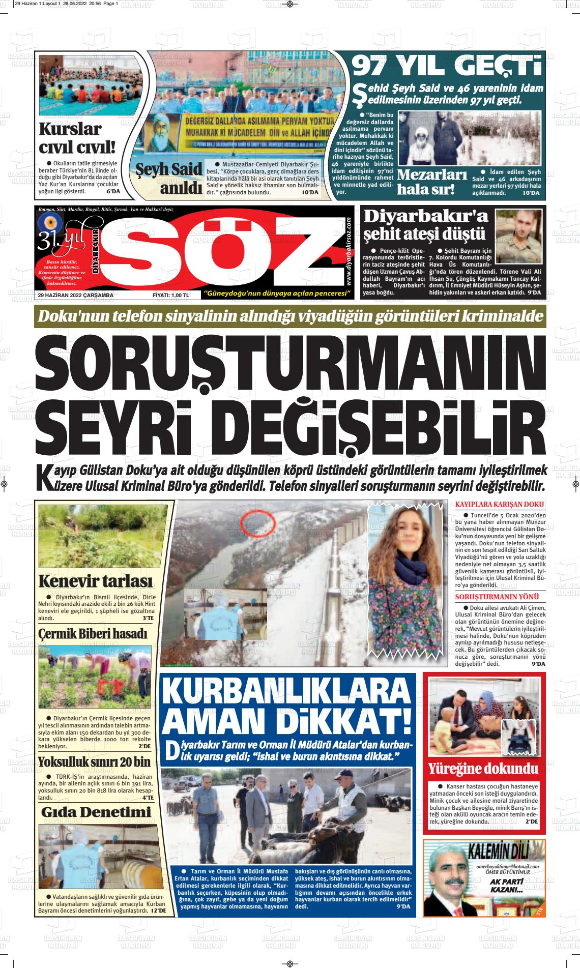 29 Haziran 2022 Diyarbakır Söz Gazete Manşeti