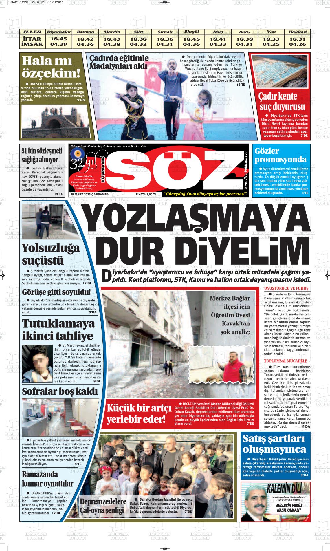 29 Mart 2023 Diyarbakır Söz Gazete Manşeti