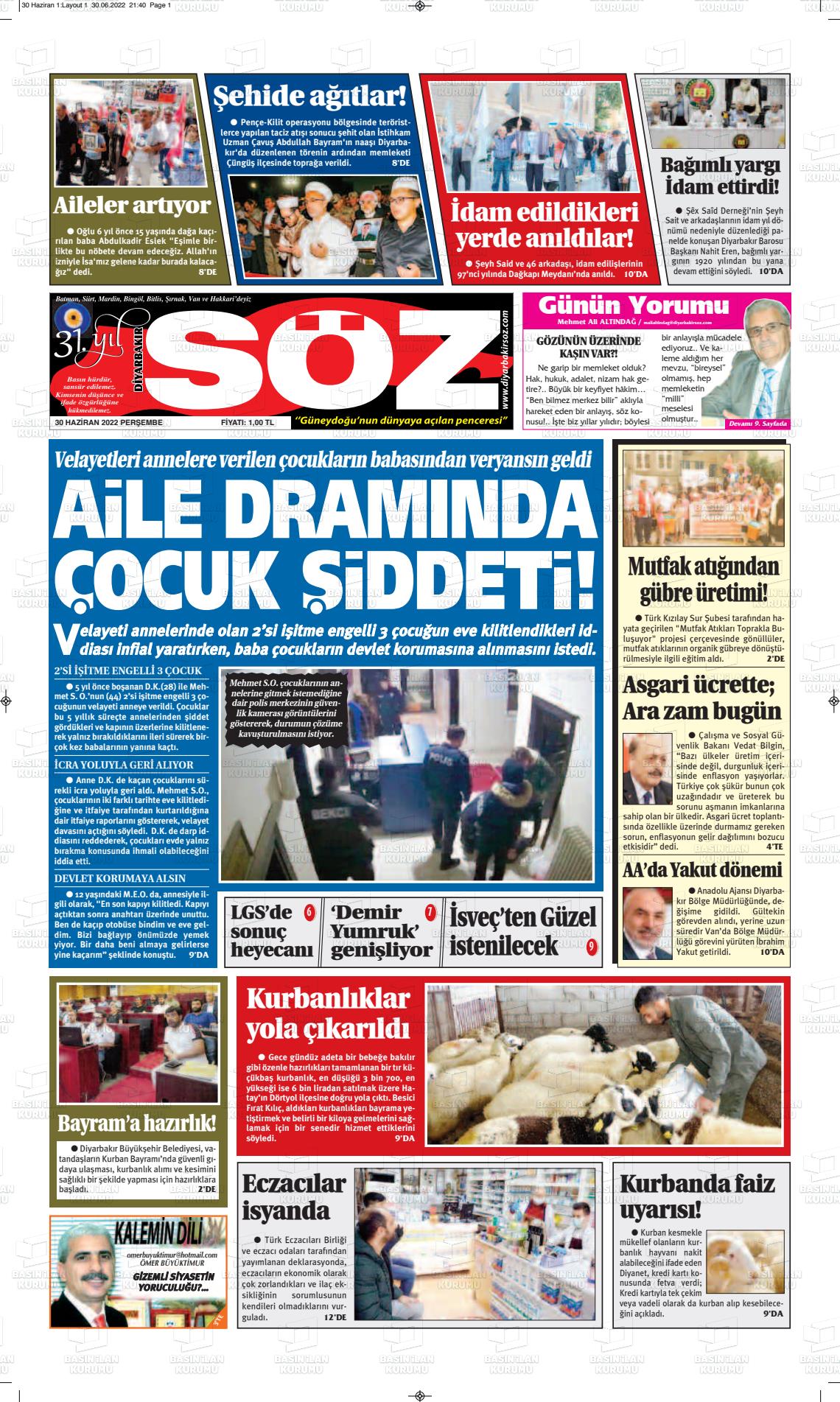 30 Haziran 2022 Diyarbakır Söz Gazete Manşeti