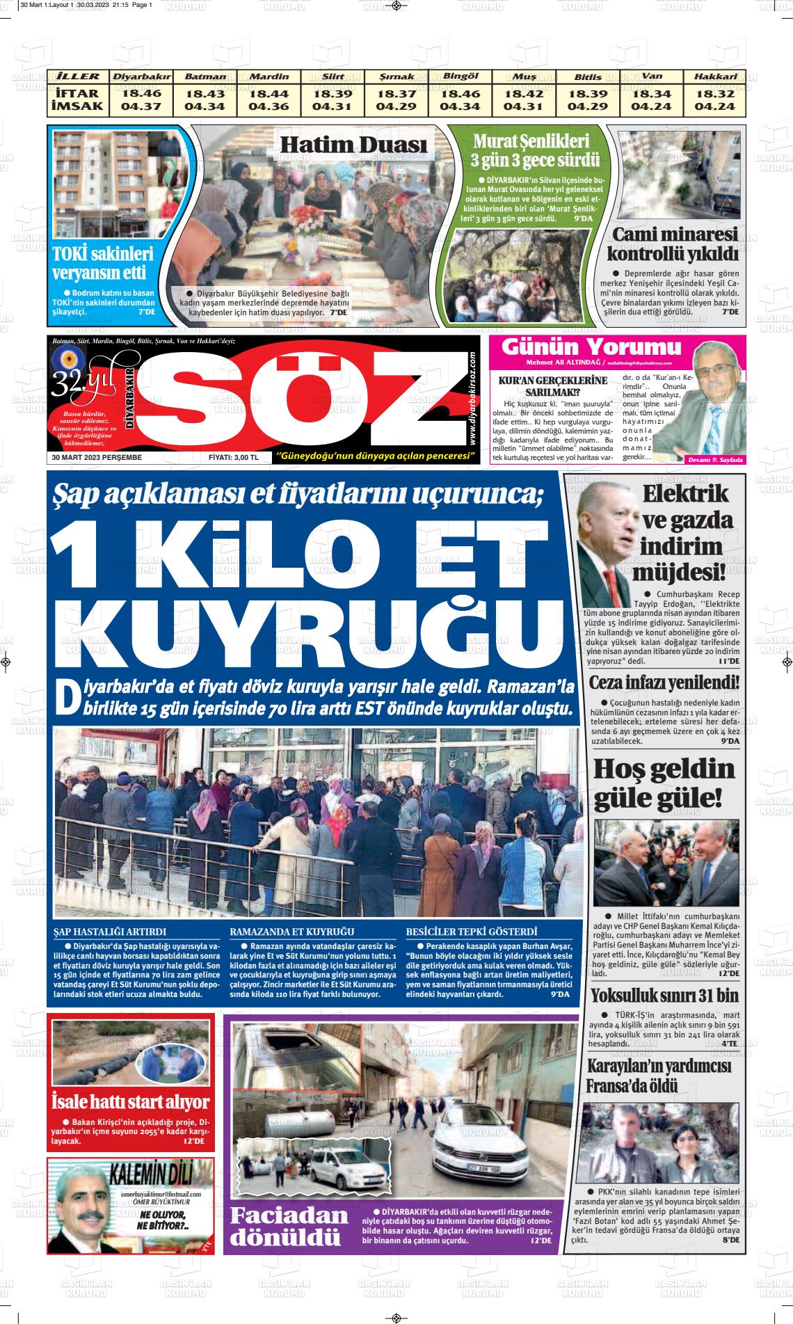 30 Mart 2023 Diyarbakır Söz Gazete Manşeti