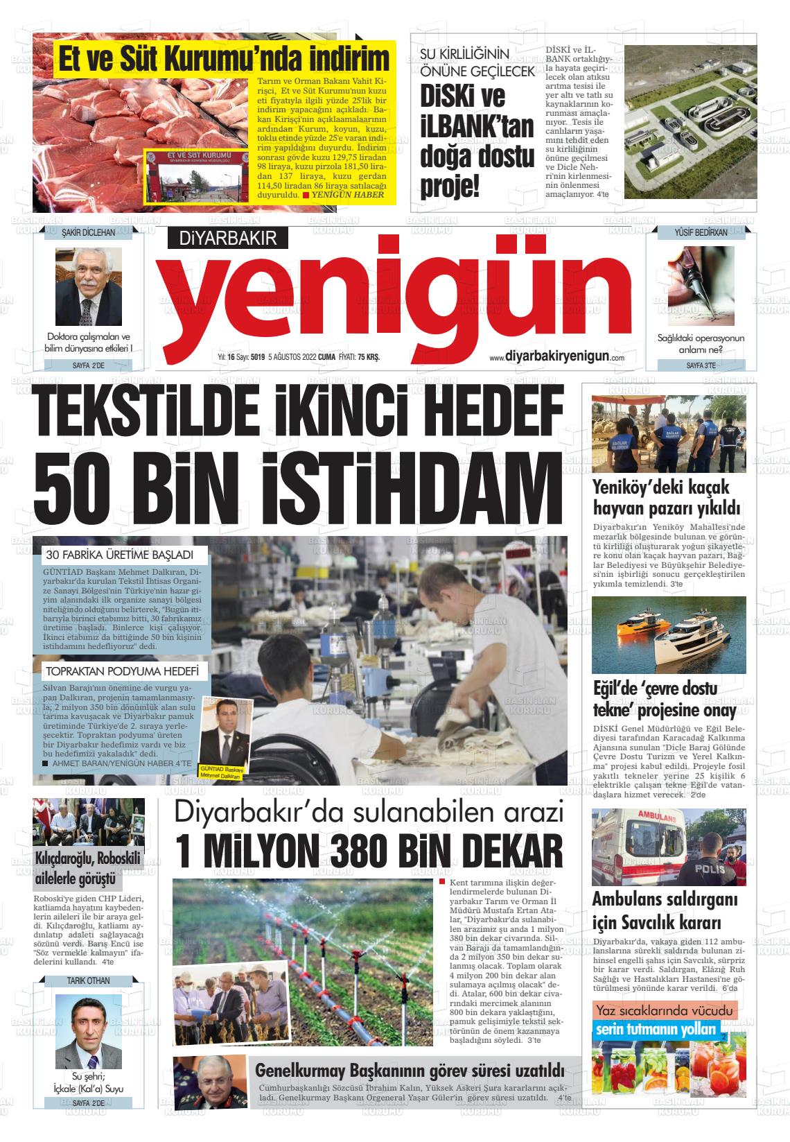 05 Ağustos 2022 Diyarbakır Yenigün Gazete Manşeti
