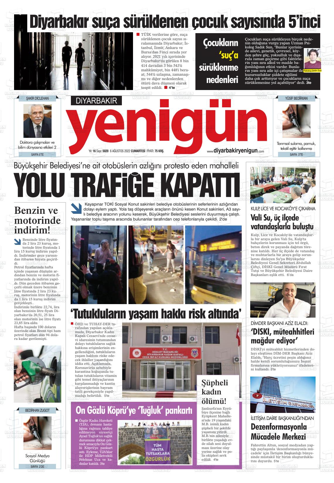 06 Ağustos 2022 Diyarbakır Yenigün Gazete Manşeti