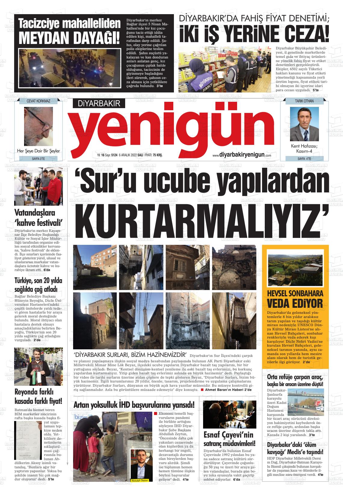06 Aralık 2022 Diyarbakır Yenigün Gazete Manşeti