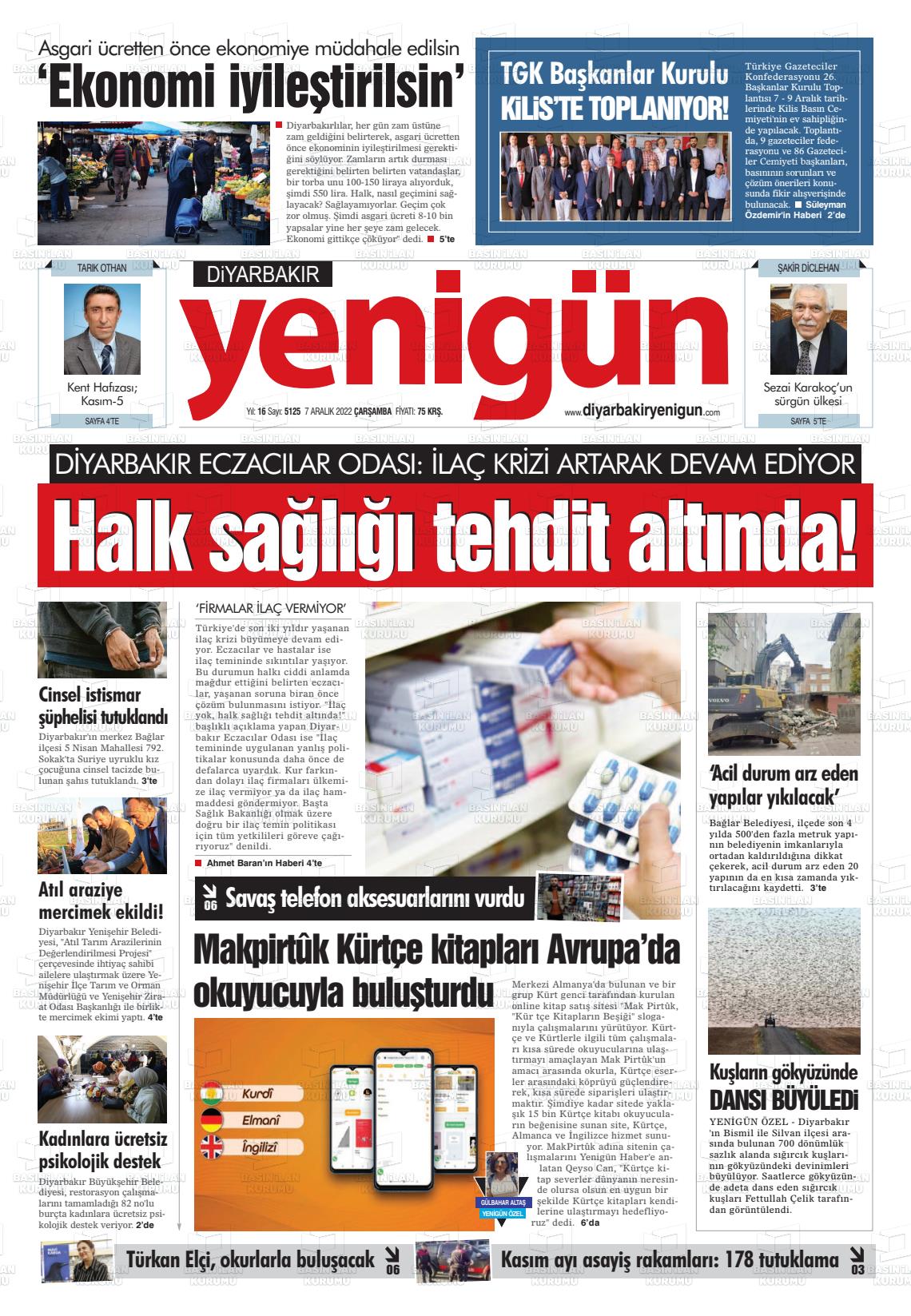 07 Aralık 2022 Diyarbakır Yenigün Gazete Manşeti